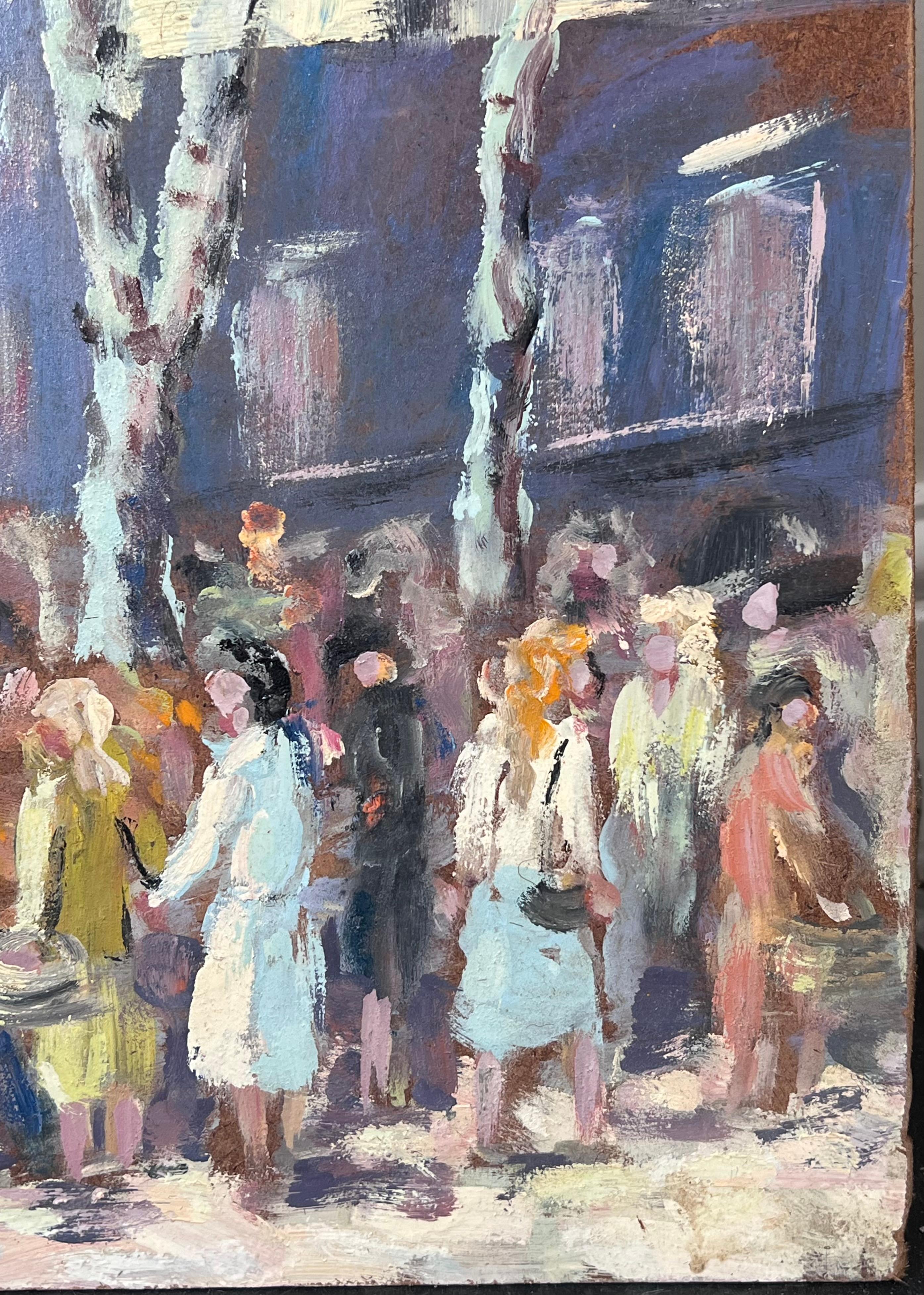 Figuras en el mercado francés bajo árboles blancos desnudos Pintura al óleo - Painting Impresionista de Fanch Lel