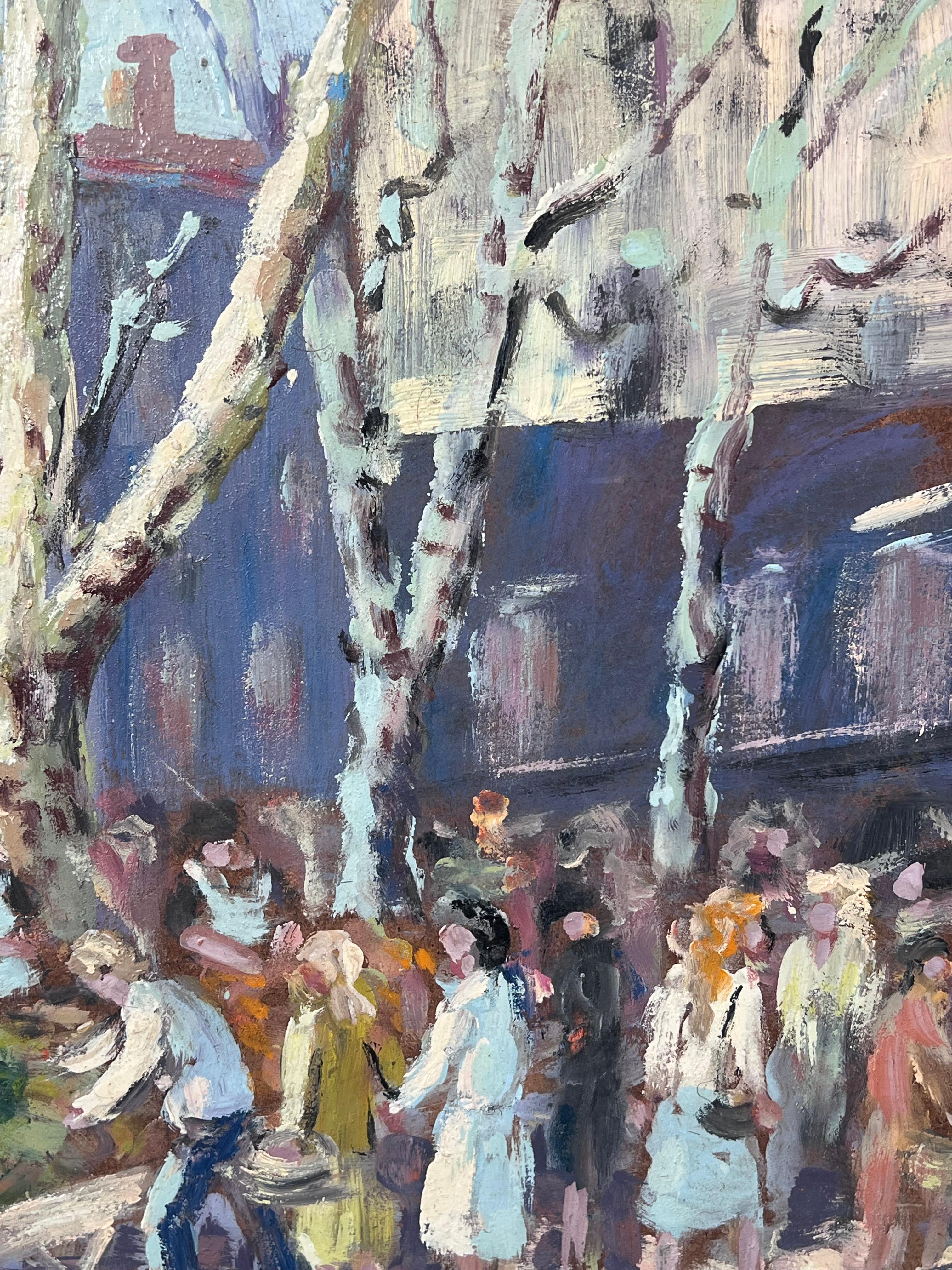 Figuras en el mercado francés bajo árboles blancos desnudos Pintura al óleo - Landscape Painting Gris de Fanch Lel