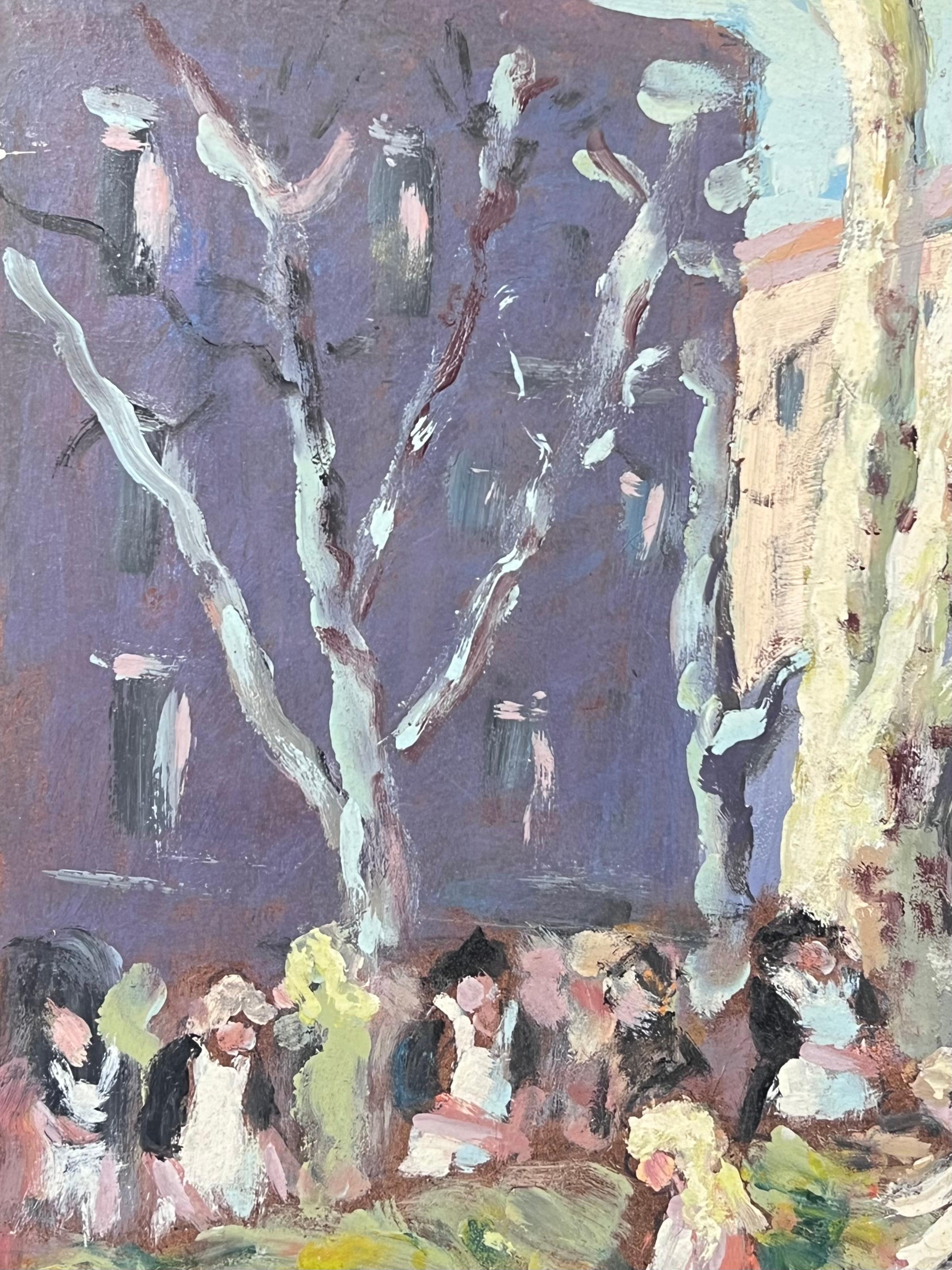 Figuras en el mercado francés bajo árboles blancos desnudos Pintura al óleo en venta 2