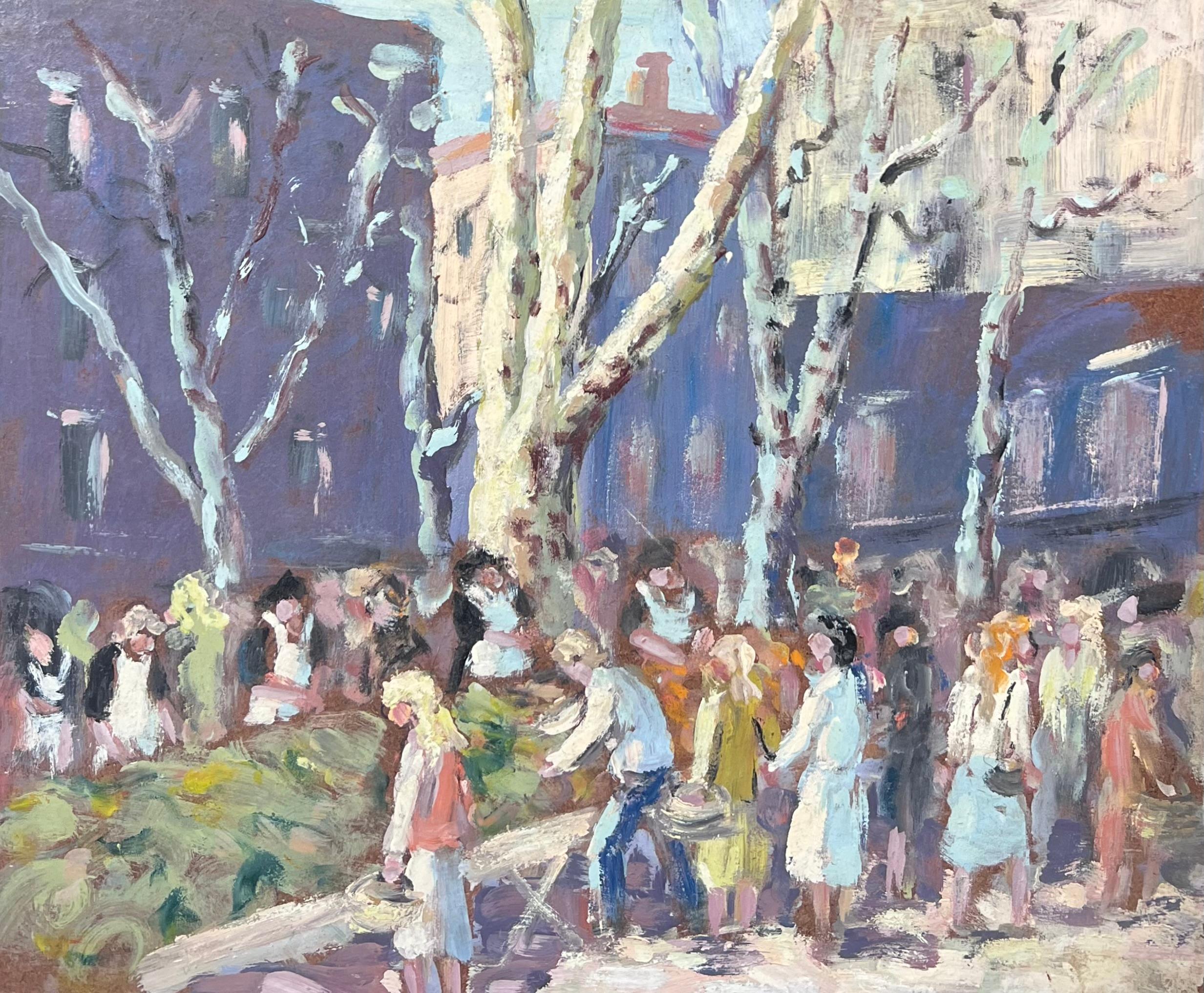 Landscape Painting de Fanch Lel - Figuras en el mercado francés bajo árboles blancos desnudos Pintura al óleo