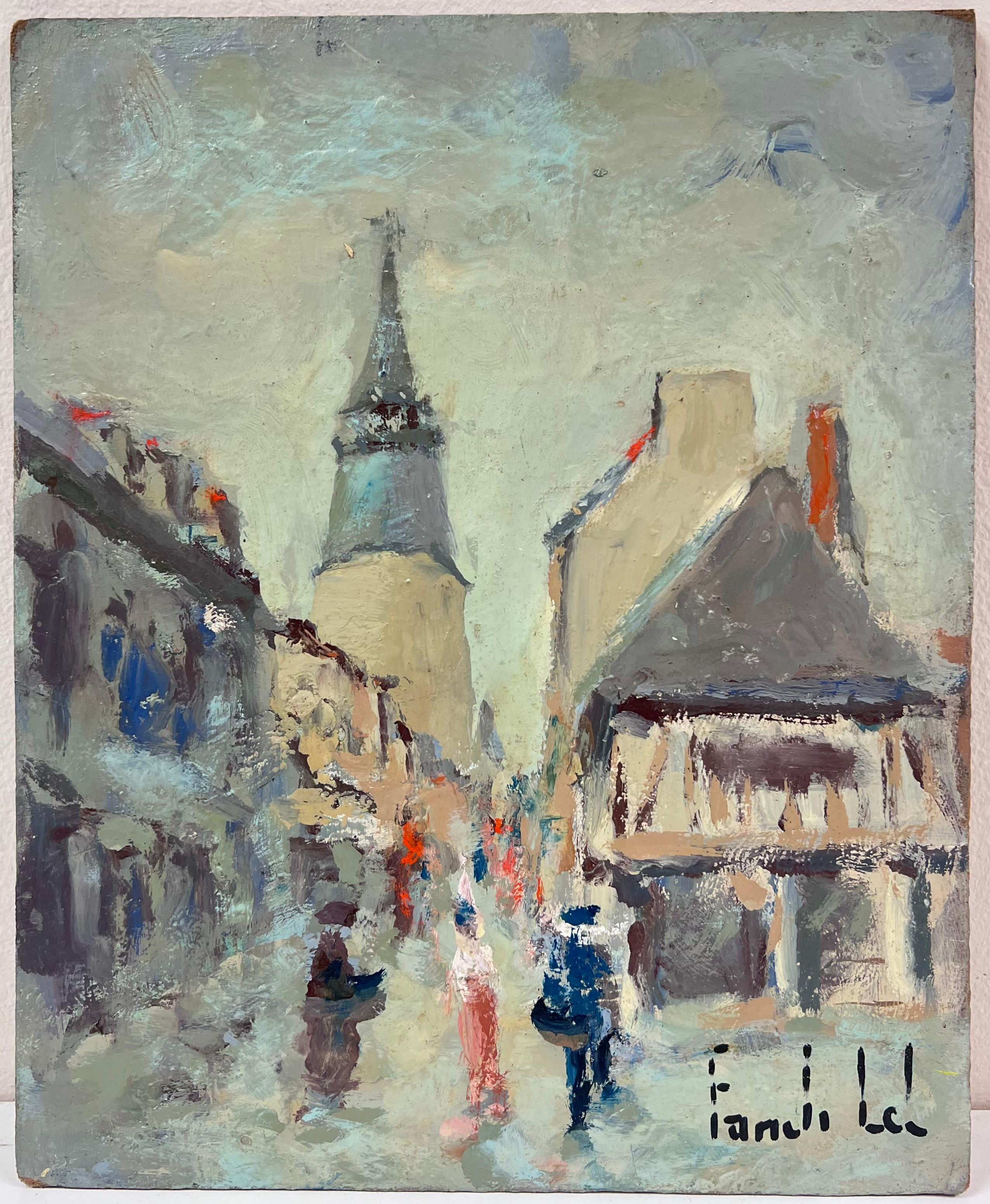 Cifre a Dinan Paesaggio urbano della Bretagna con guglia svettante e fascino rustico - Painting di Fanch Lel