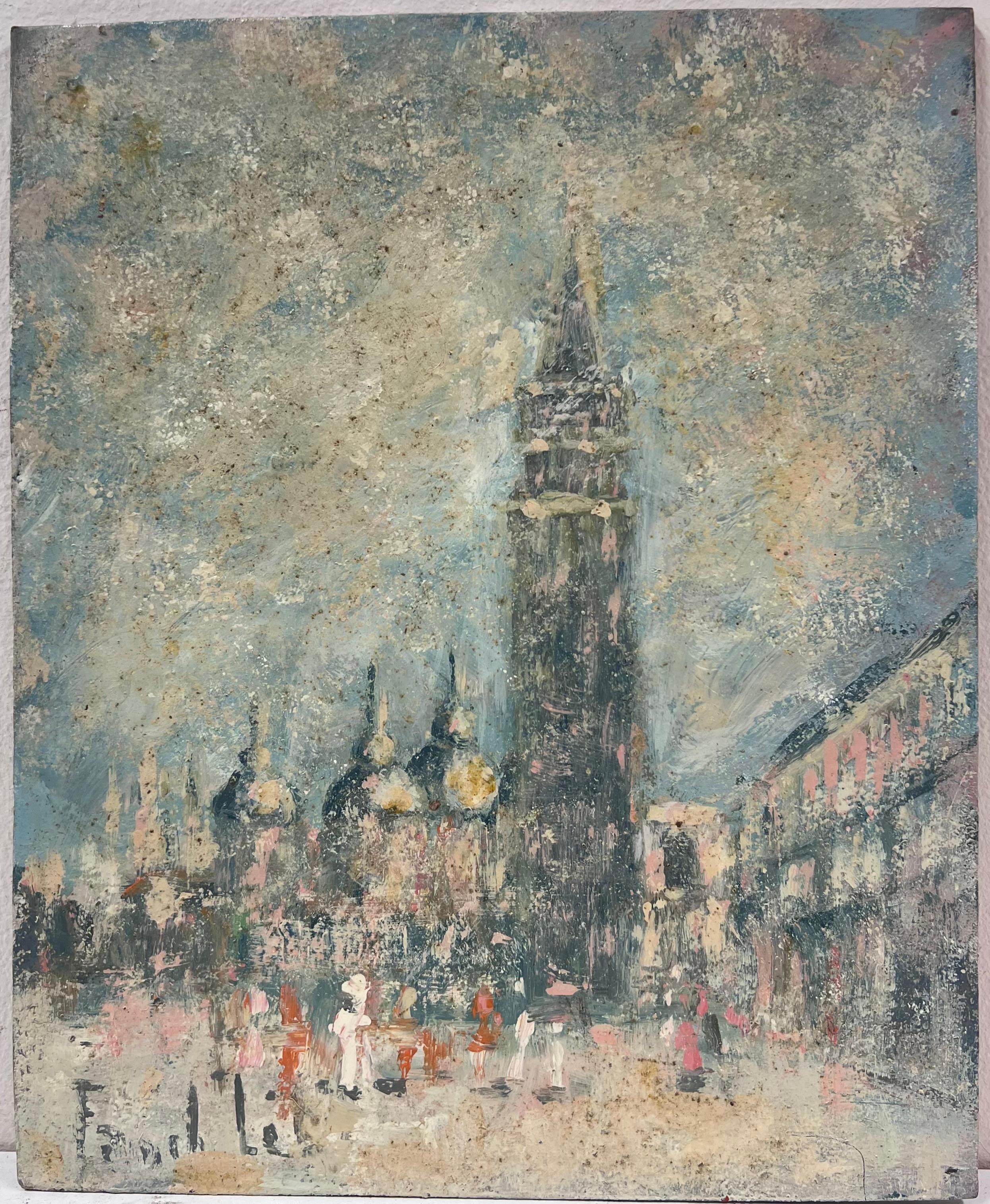 Figure in un paesaggio urbano MISTI Vista di una torre storica e delle cupole di una cattedrale Olio - Painting di Fanch Lel