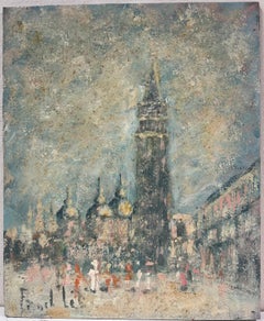 Figures dans le paysage urbain d'une tour historique et de dômes de cathédrales