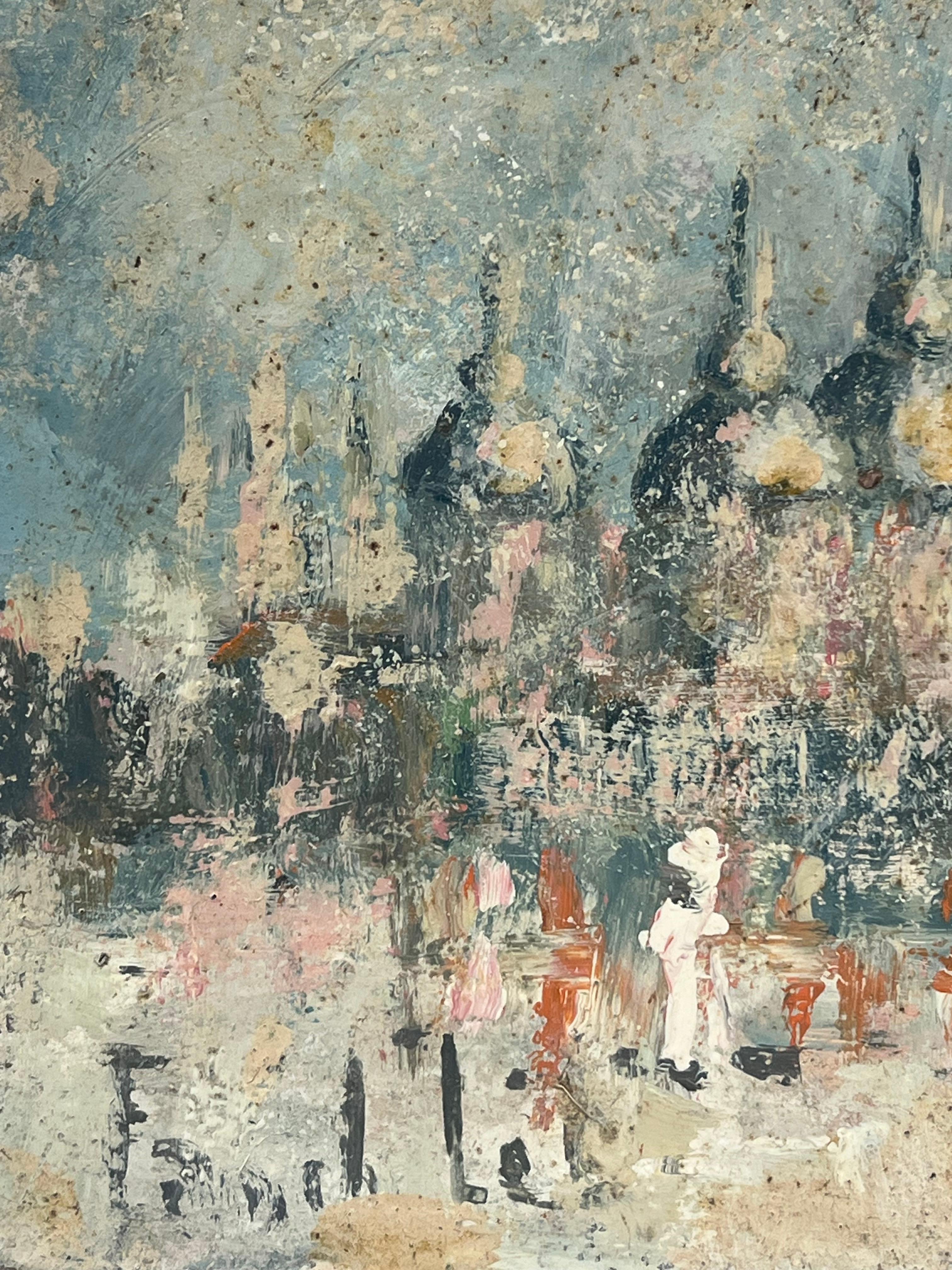 Paesaggio urbano MISTI 
firmato da Fanch Lel (francese, nato nel 1930)
dimensioni: 10,75 x 8,75 pollici
dipinto a olio su tavola, senza cornice
condizioni: il dipinto è in ottime condizioni. In precedenza è stato conservato nello studio