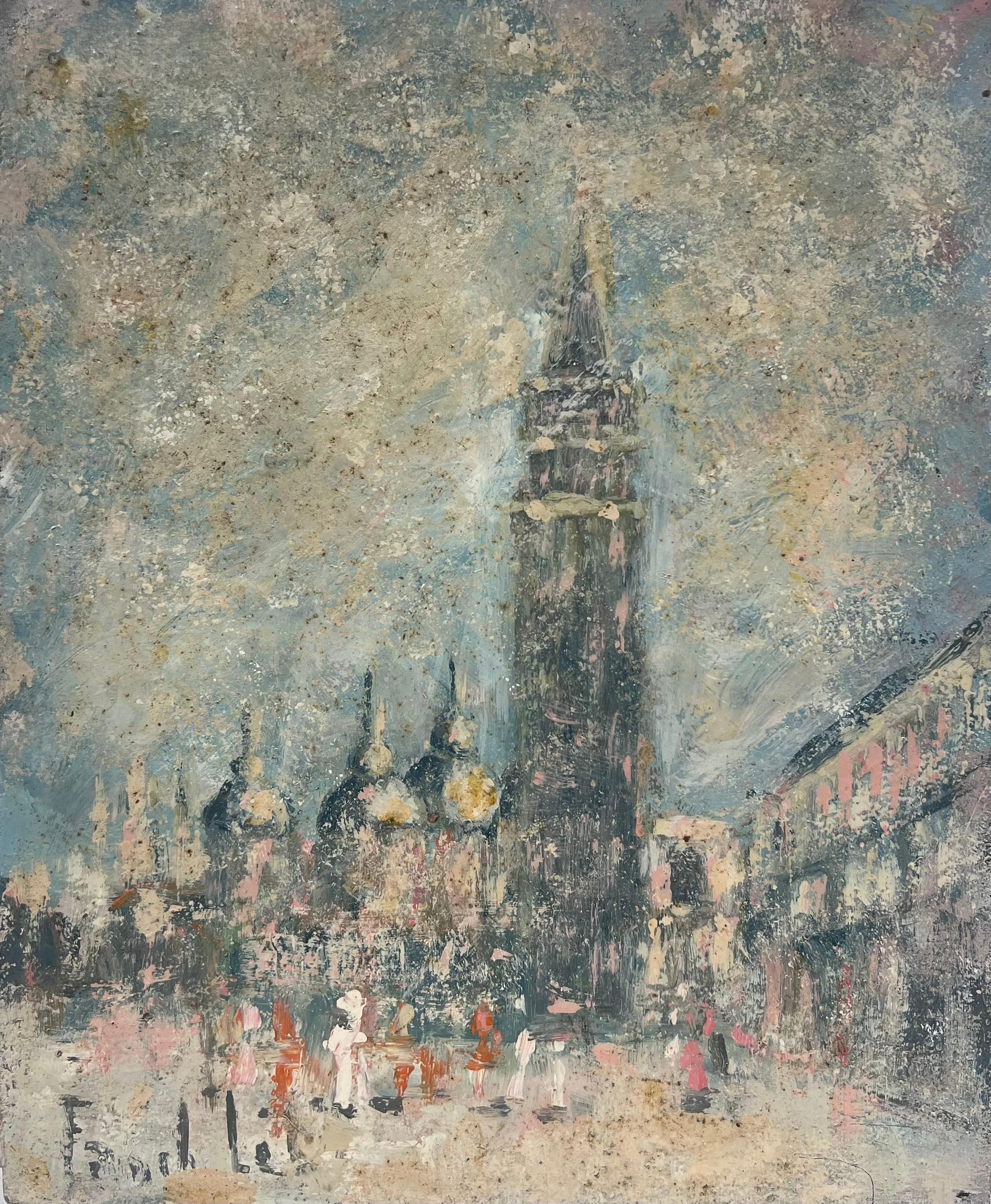 Landscape Painting di Fanch Lel - Figure in un paesaggio urbano MISTI Vista di una torre storica e delle cupole di una cattedrale Olio