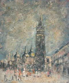 Figures in Misty Cityscape View of a Historic Tower and Cathedral Domes Oil