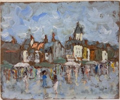 Figures In The Rain in Charming Village Original French Painting
