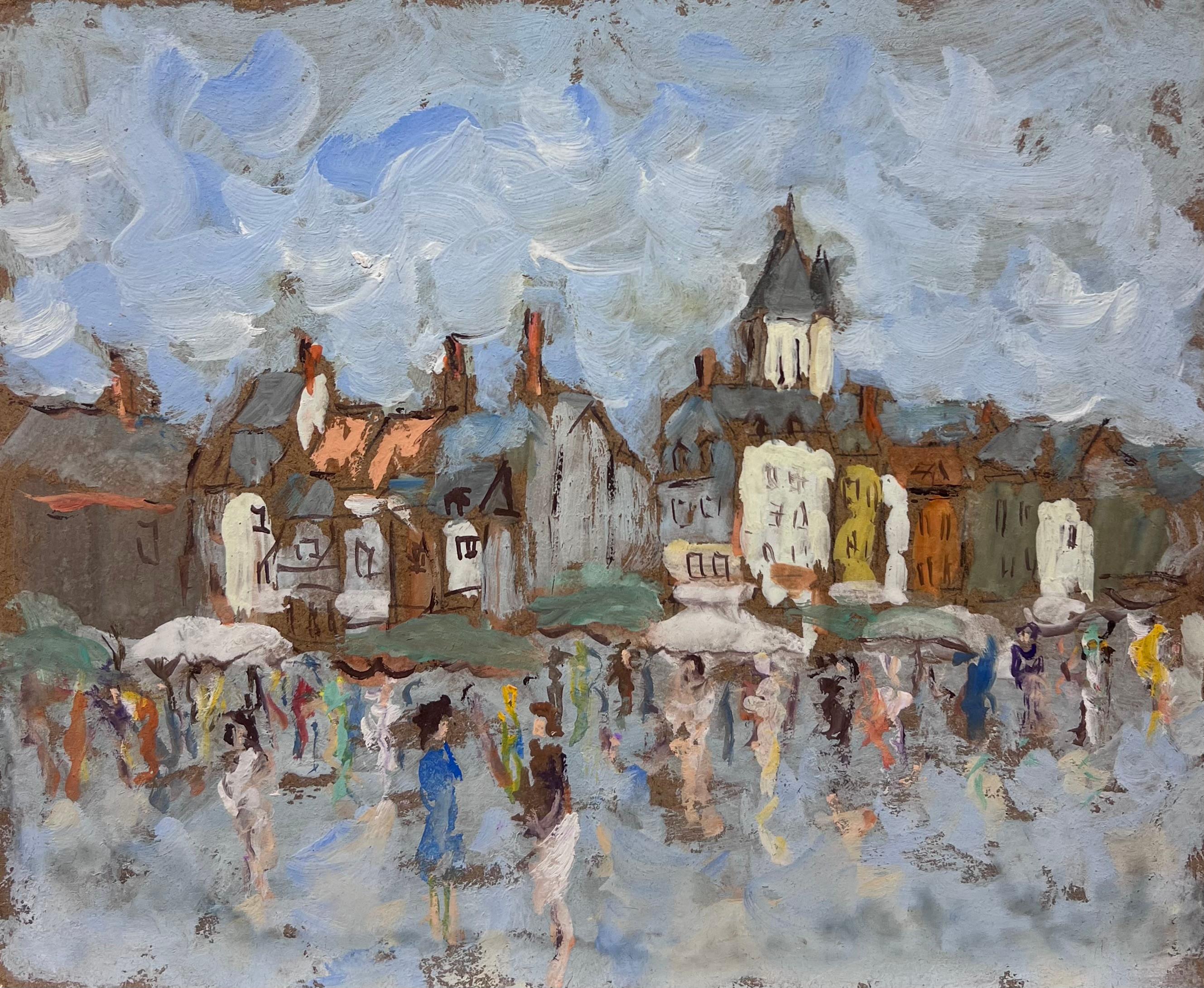 Figuras bajo la lluvia en un pueblo encantador Pintura original francesa - Painting Impresionista de Fanch Lel