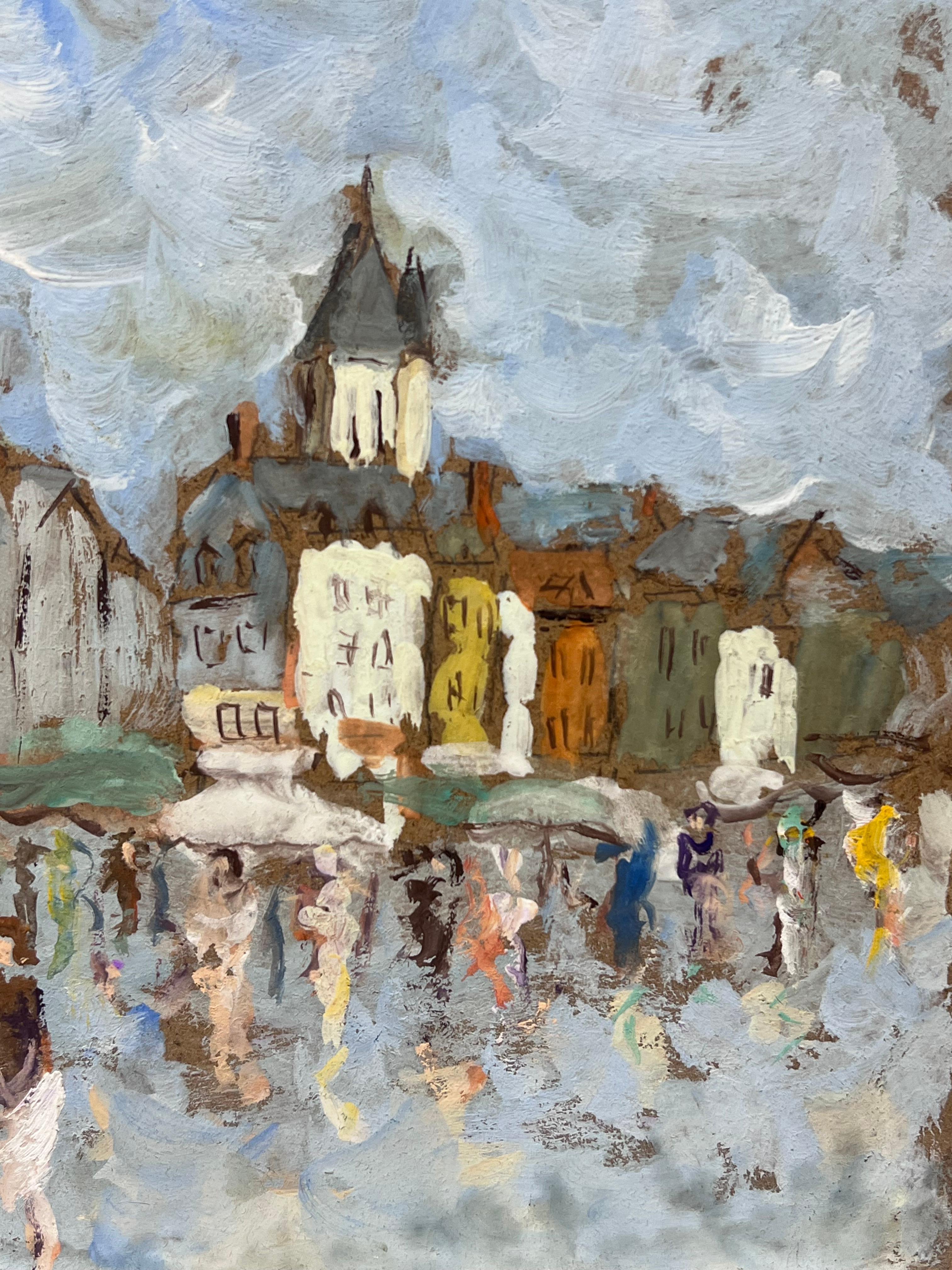 Figuras bajo la lluvia en un pueblo encantador Pintura original francesa - Landscape Painting Gris de Fanch Lel