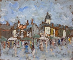 Figuras bajo la lluvia en un pueblo encantador Pintura original francesa