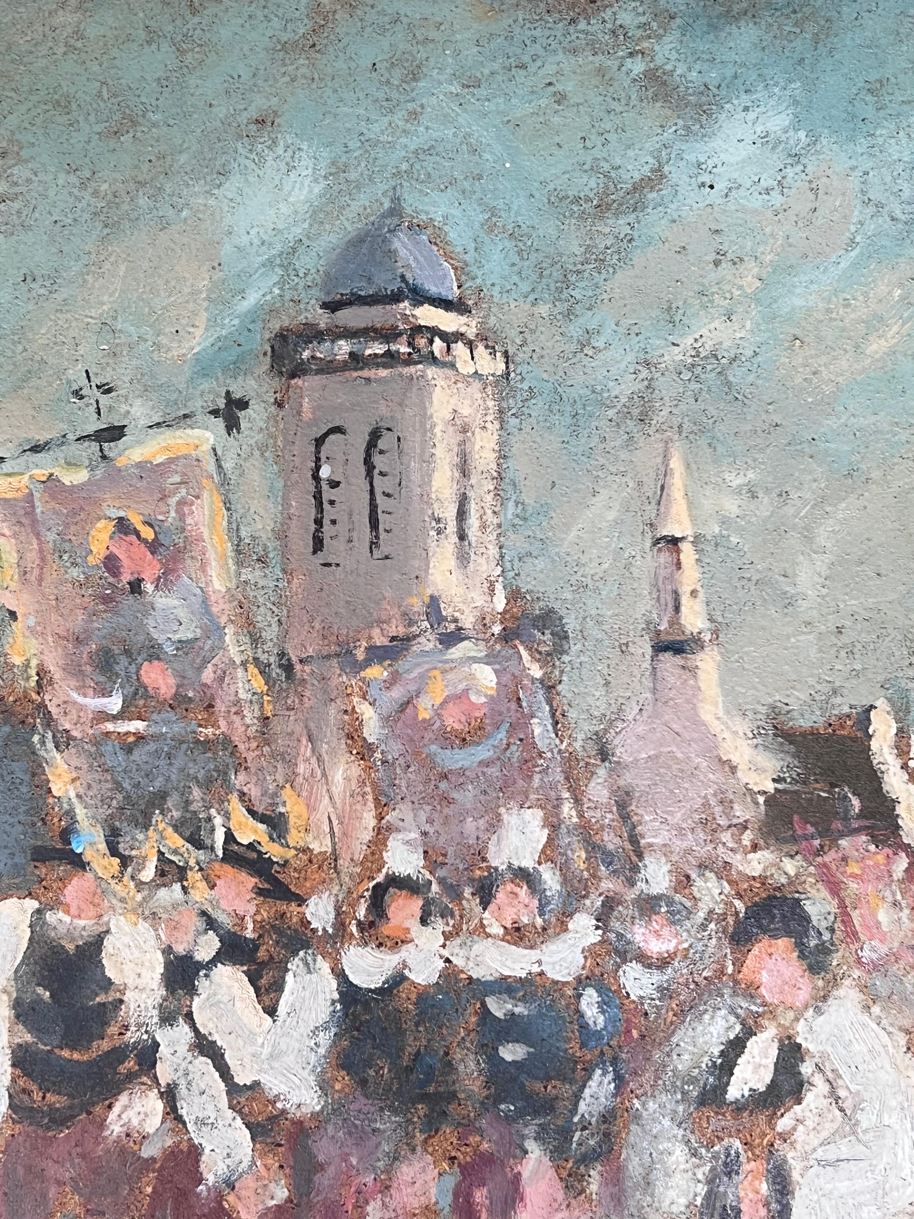 Figures Marching in Religious Parade Through A French Village Oil Painting - Gray Landscape Painting by Fanch Lel