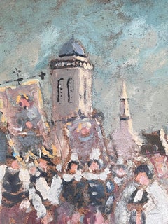 Figuren marschieren in religiöser Parade durch ein französisches Dorf Ölgemälde