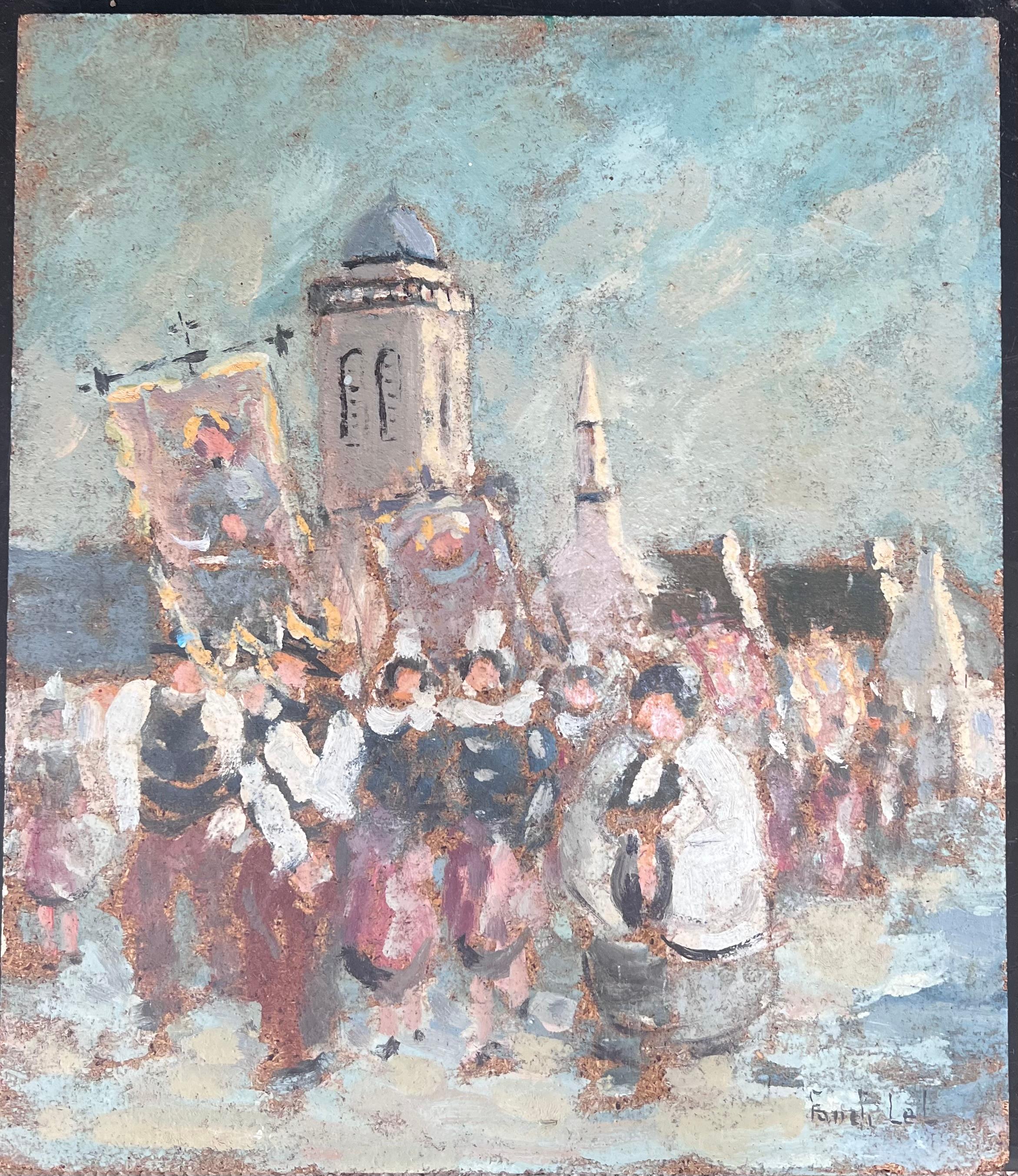 Parade
Signed by Fanch Lel
Size: 14 x 12.5 inches (height x width)
Oil painting on board, unframed
Condition: Good condition overall with minor surface handling marks and light wear to edges, consistent with its medium and vintage