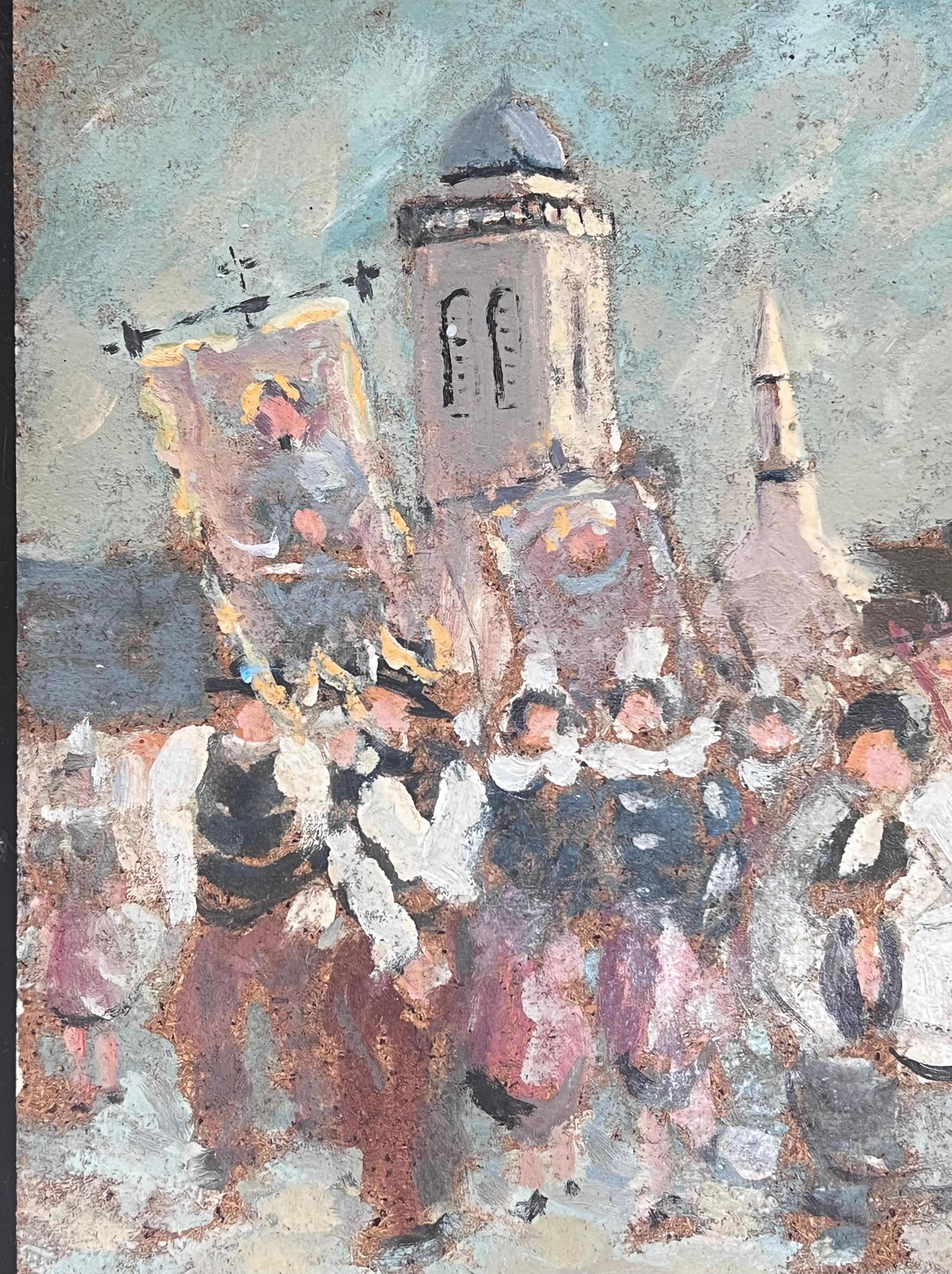 Figures Marching in Religious Parade Through A French Village Oil Painting For Sale 1