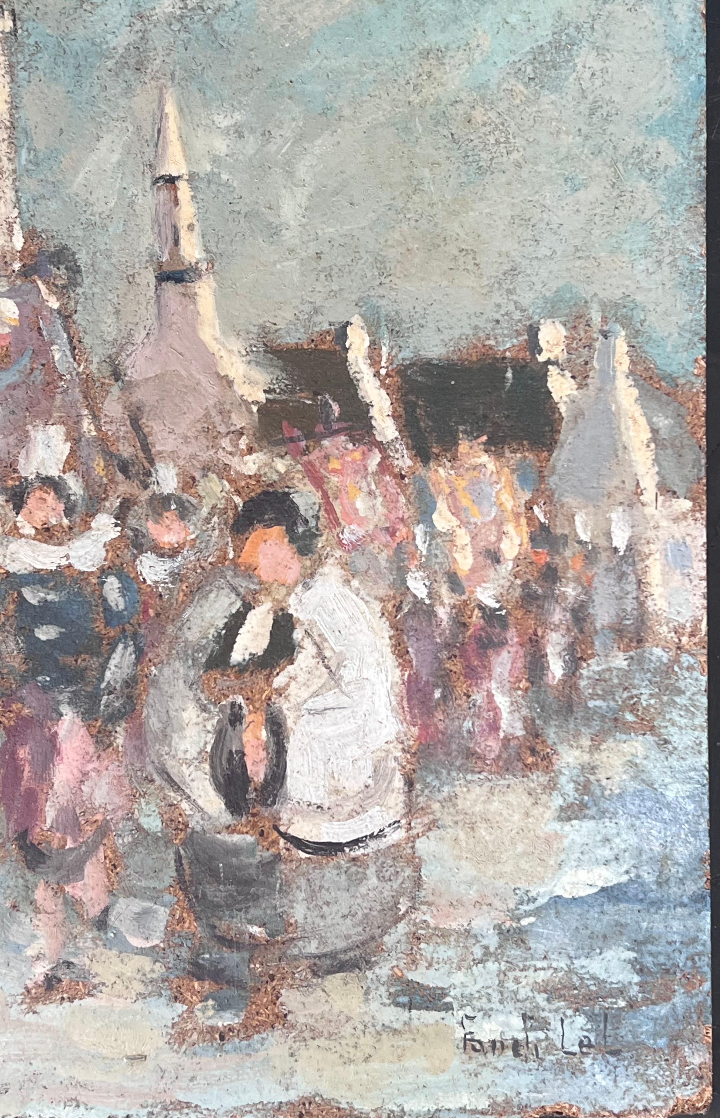 Figures Marching in Religious Parade Through A French Village Oil Painting For Sale 4