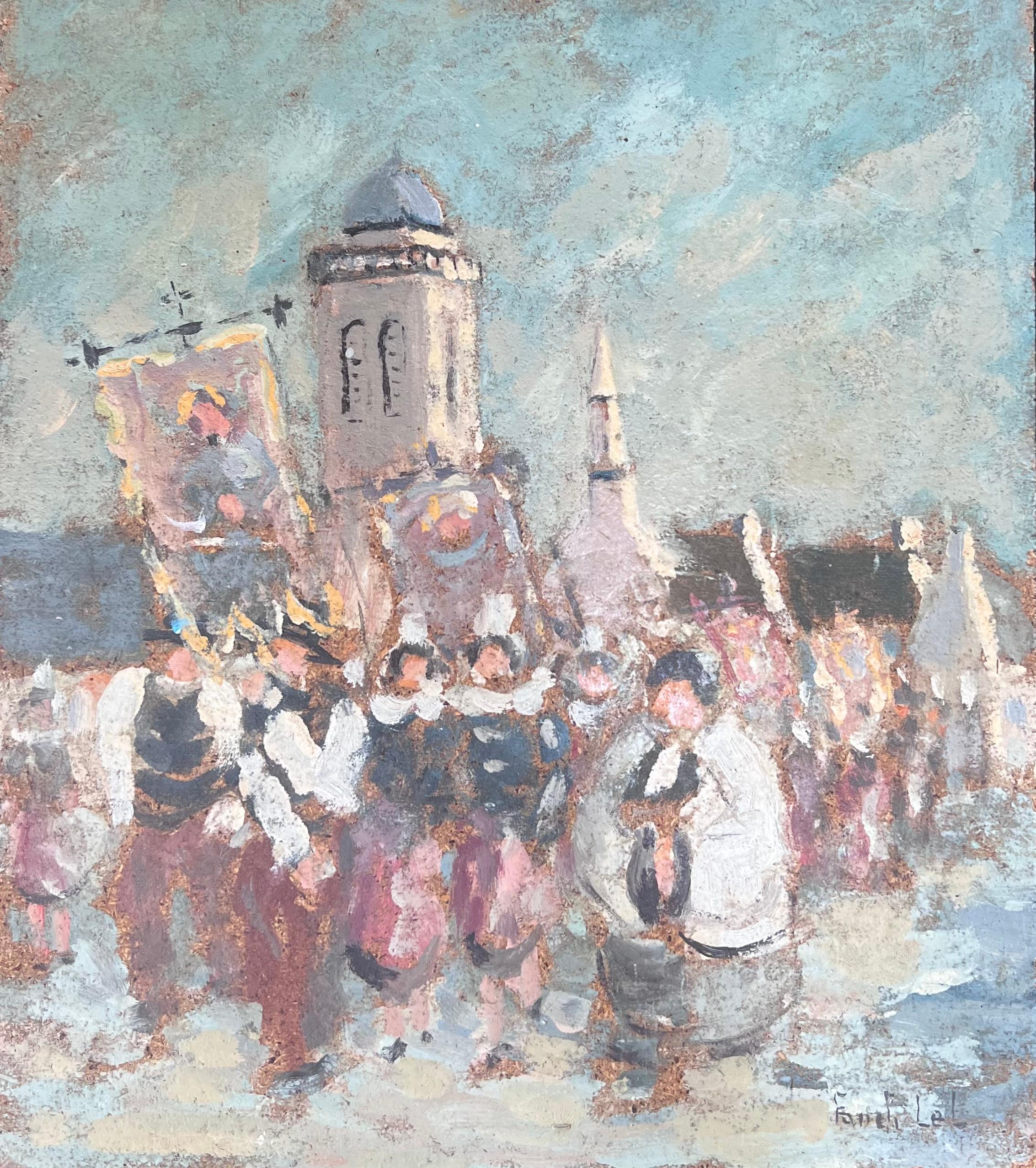 Fanch Lel Landscape Painting - Figures Marching in Religious Parade Through A French Village Oil Painting