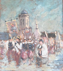 Figures Marching in Religious Parade Through A French Village Oil Painting
