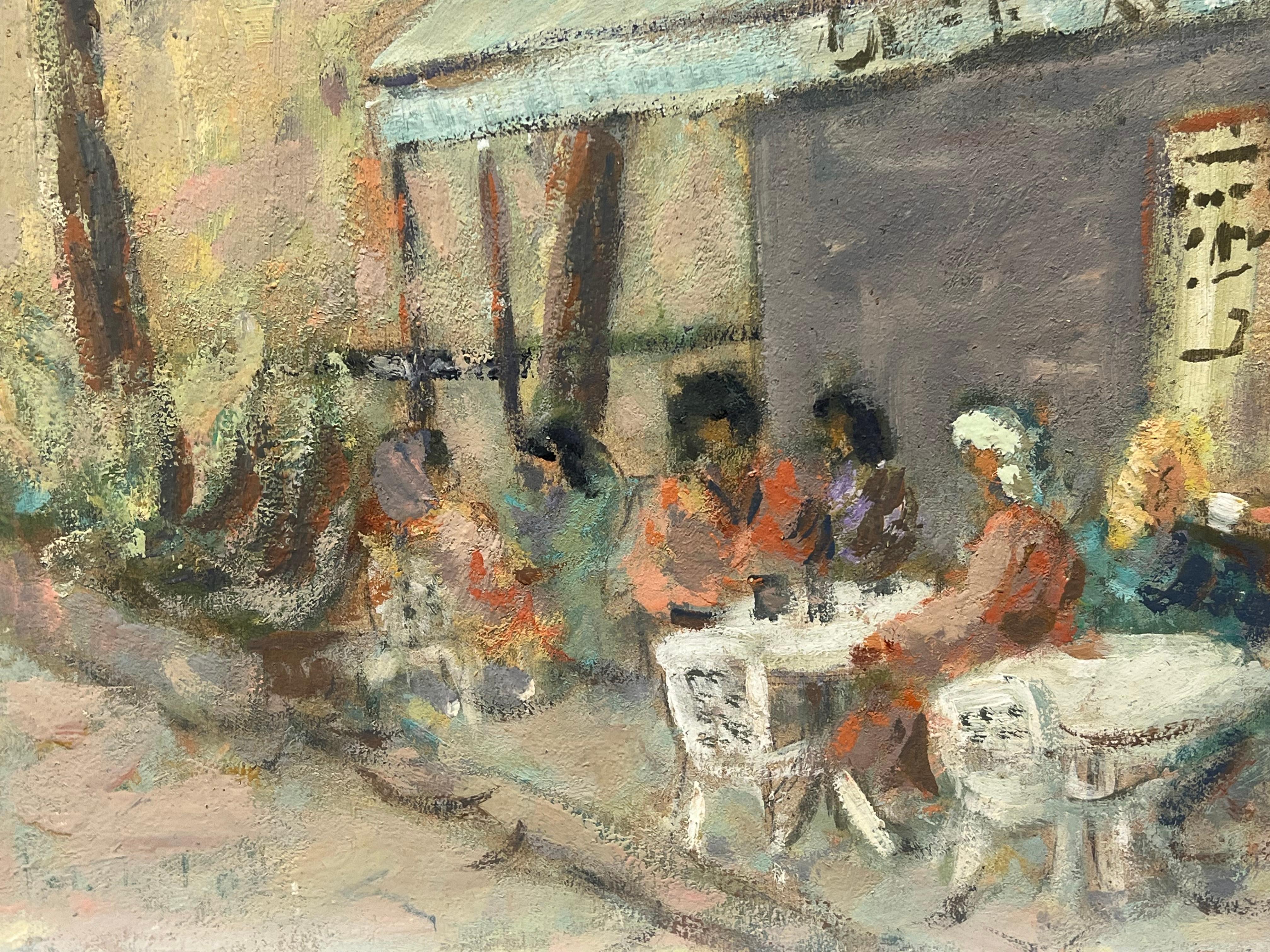 Figures Sat In a Mellow Outdoor Café Scene Impressionist Oil Painting For Sale 3