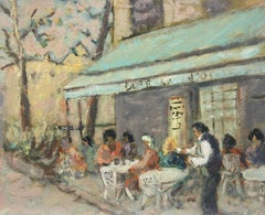 Vintage Figures Sat In a Mellow Outdoor Café Scene Impressionist Oil Painting