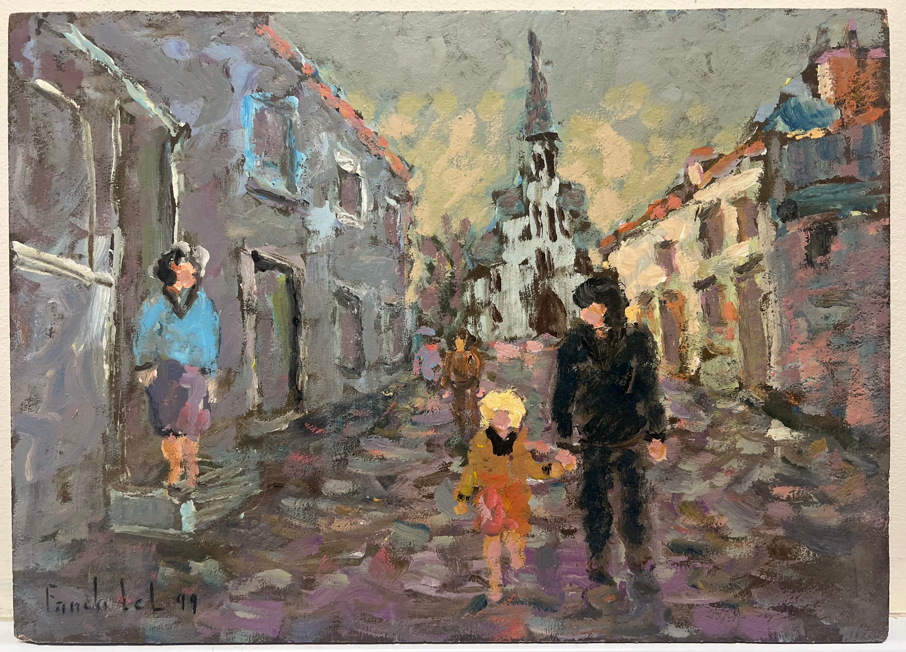 Figuren beim Schleifen in einer europäischen Straßenszene, Distanz Kirchesstiel, Öl – Painting von Fanch Lel