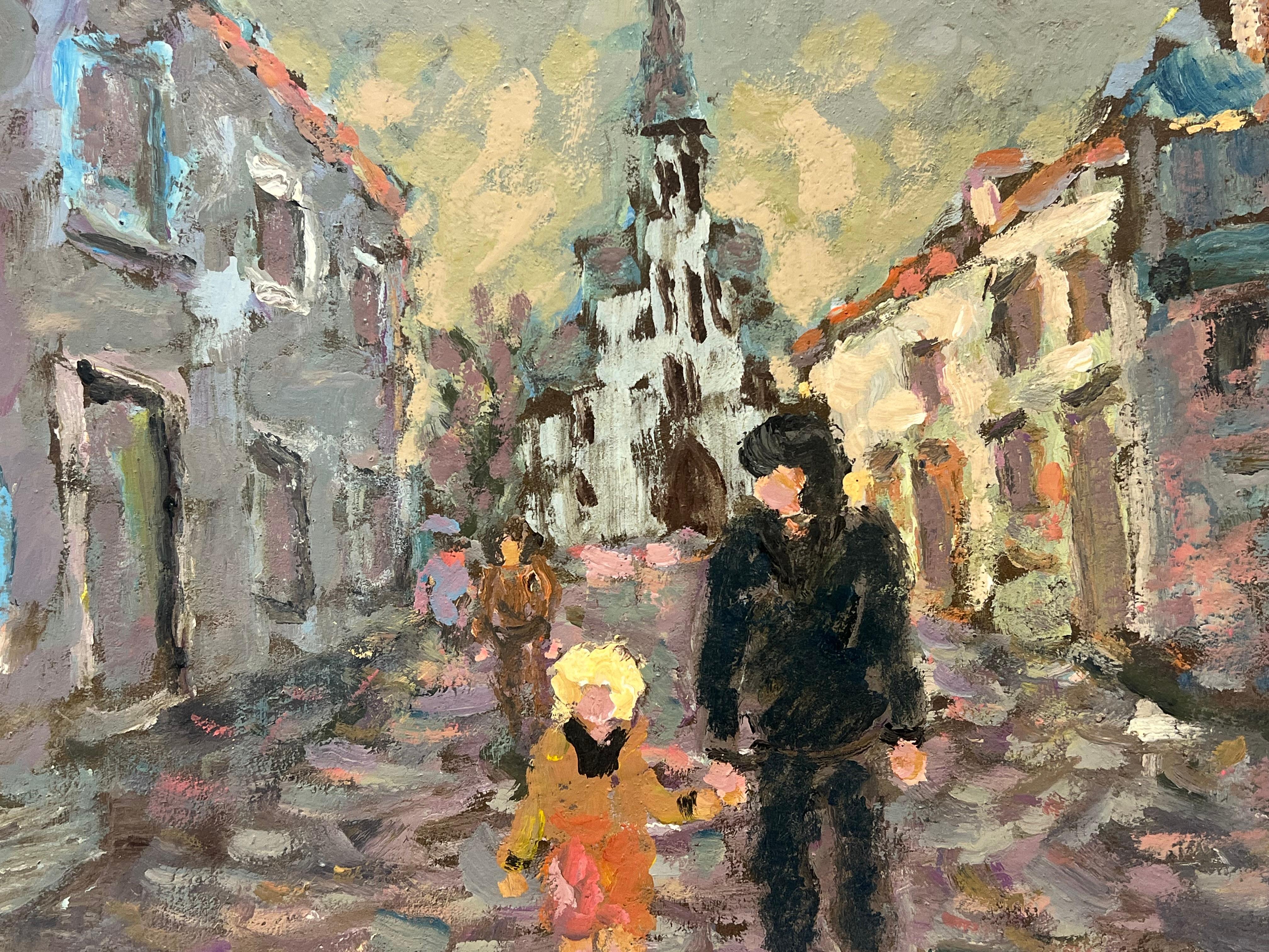 Figuren beim Schleifen in einer europäischen Straßenszene, Distanz Kirchesstiel, Öl (Impressionismus), Painting, von Fanch Lel