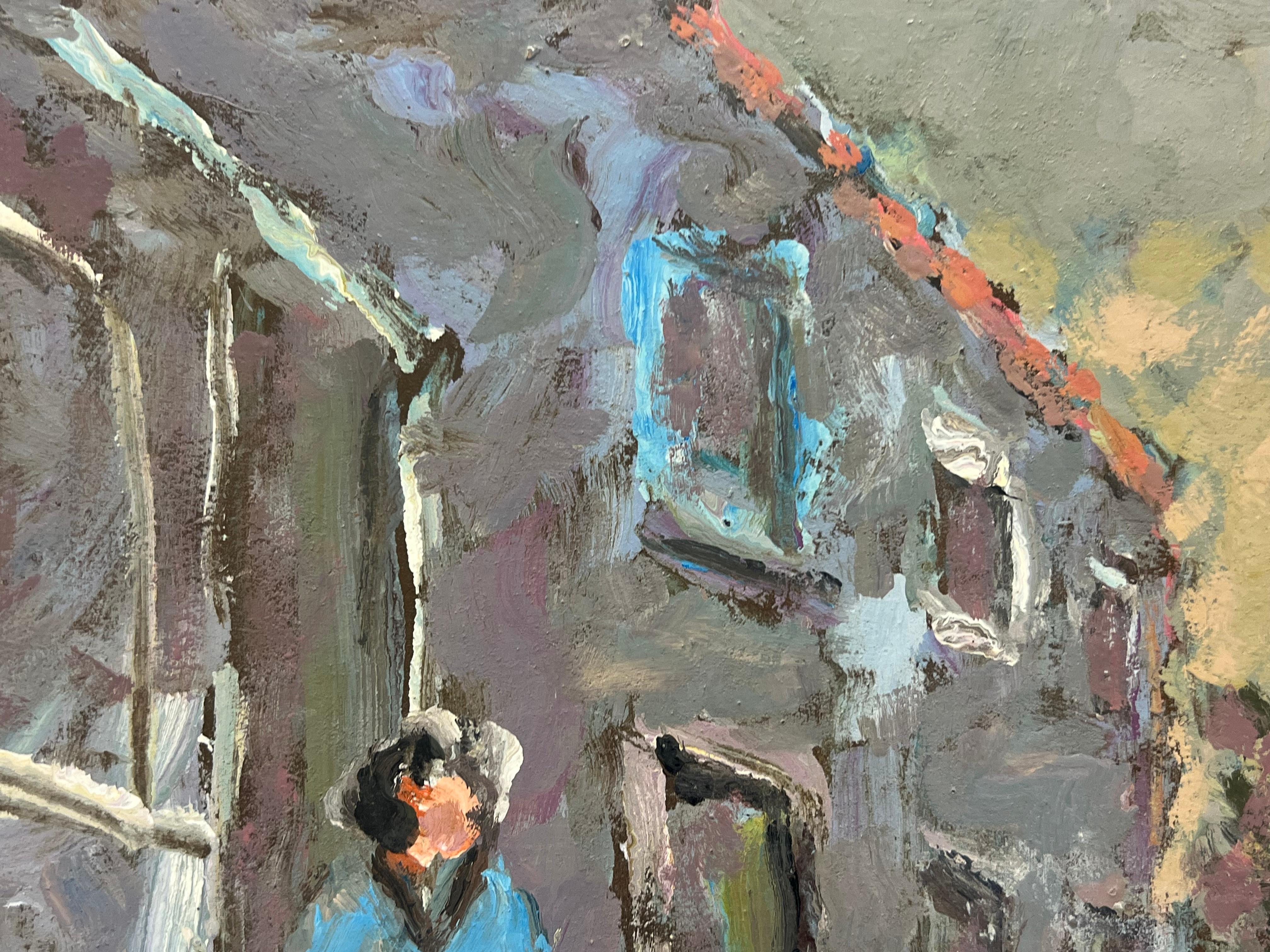 Figuren beim Schleifen in einer europäischen Straßenszene, Distanz Kirchesstiel, Öl (Grau), Landscape Painting, von Fanch Lel