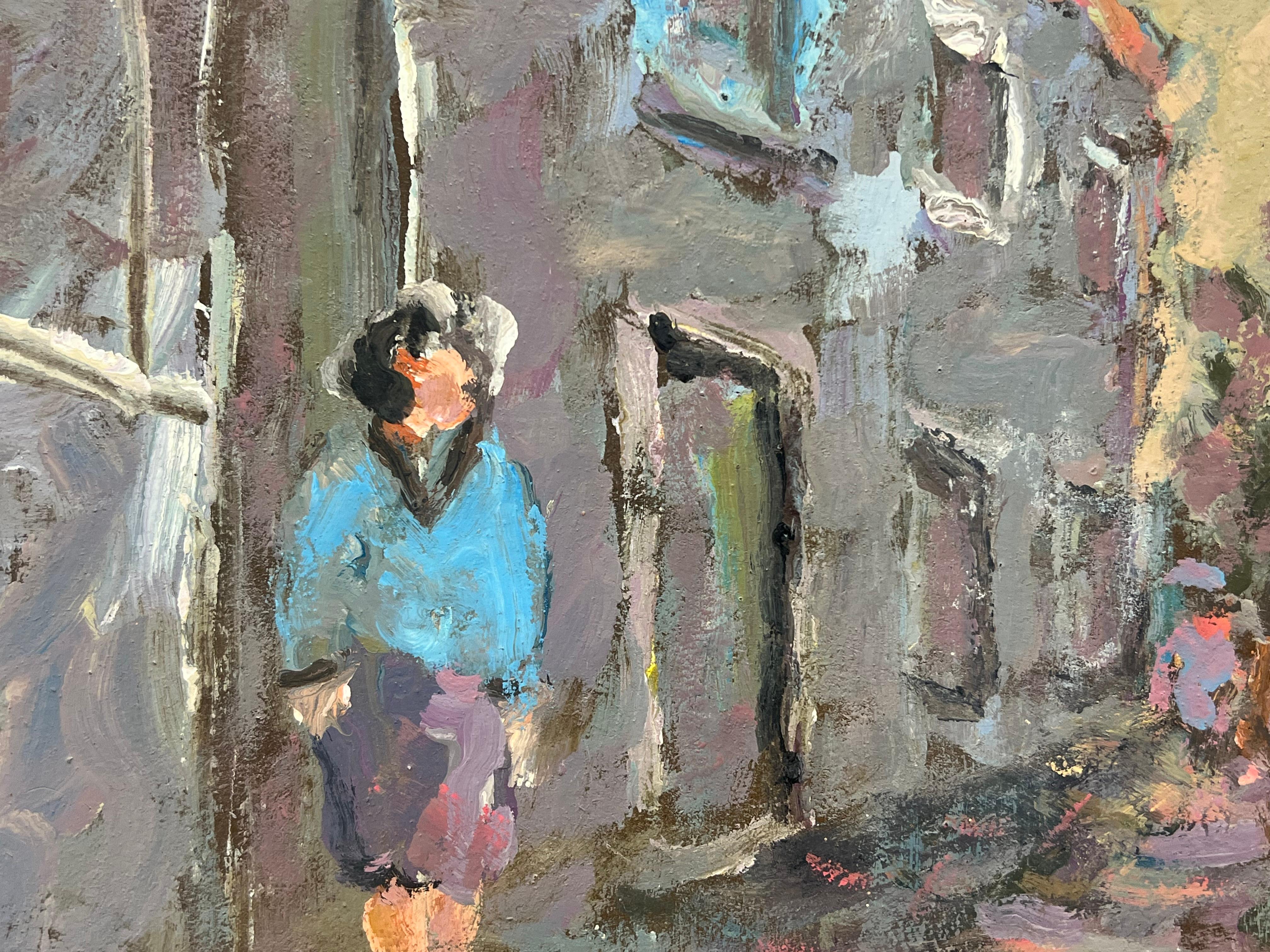 Straßenszene
unterzeichnet von Fanch Lel (Franzose, geb. 1930)
99'
verso beschriftet
Größe: 12 x 17 Zoll
Ölgemälde auf Karton, ungerahmt
Zustand: Das Gemälde ist in sehr gutem Zustand. Es wurde zuvor im Studio des Künstlers aufbewahrt. 

Provenienz: