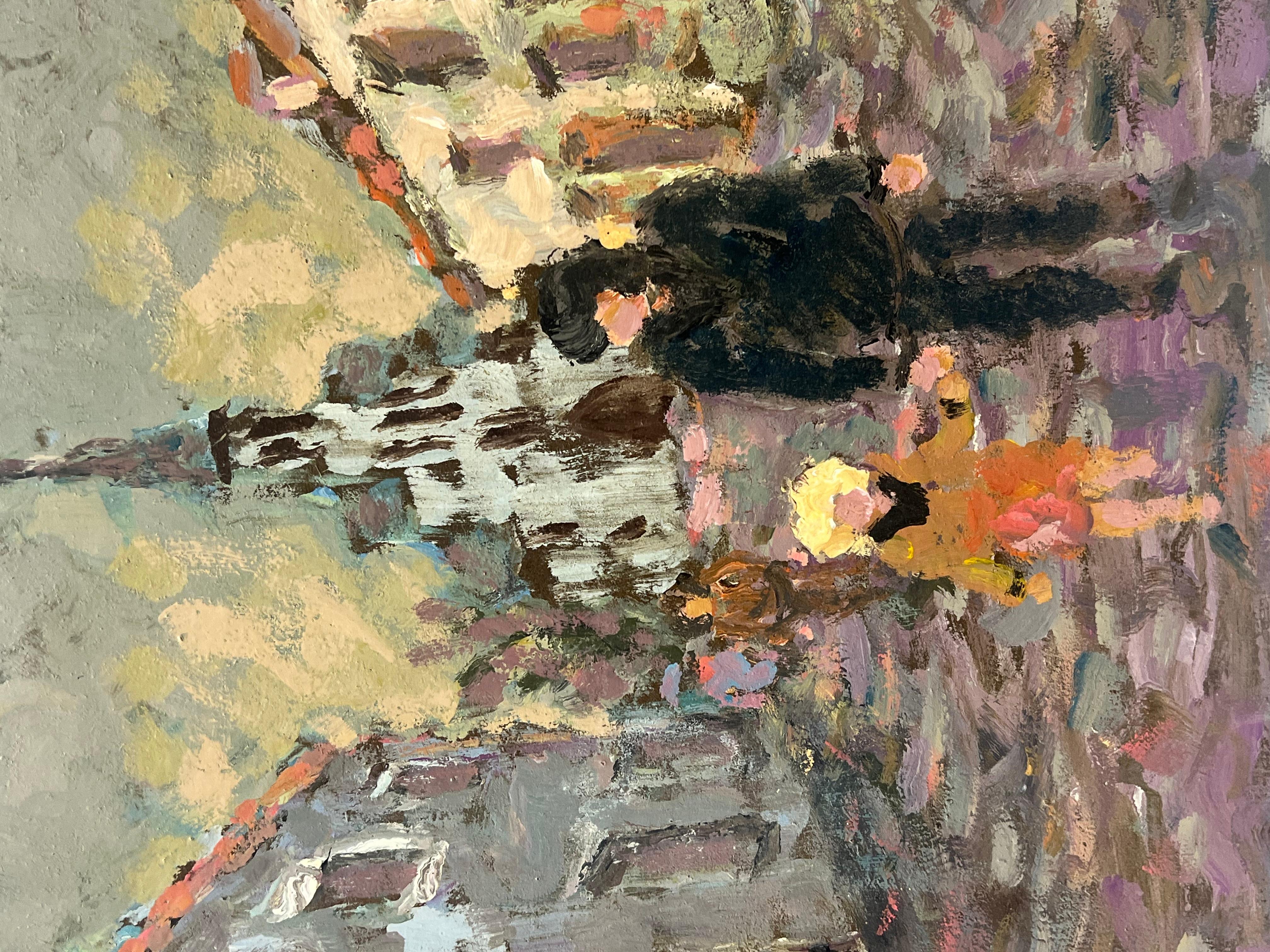 Figuren beim Schleifen in einer europäischen Straßenszene, Distanz Kirchesstiel, Öl im Angebot 2