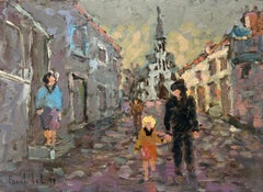 Figures Strolling In European Street Scene Distant Church Steeple Oil