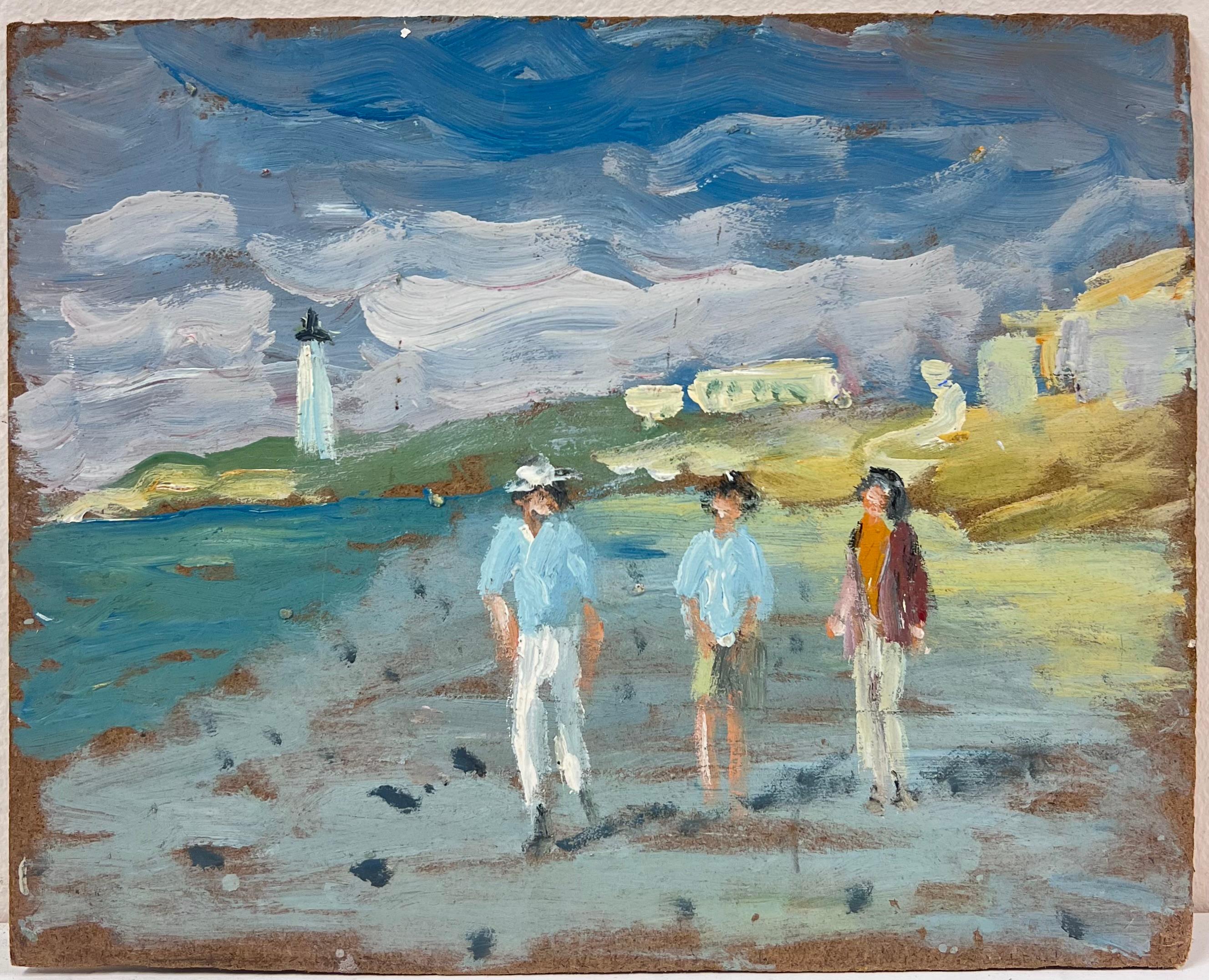 Figure che passeggiano su un litorale ventilato con un faro in lontananza Olio - Painting di Fanch Lel