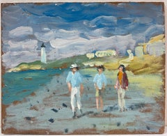 Figure che passeggiano su un litorale ventilato con un faro in lontananza Olio