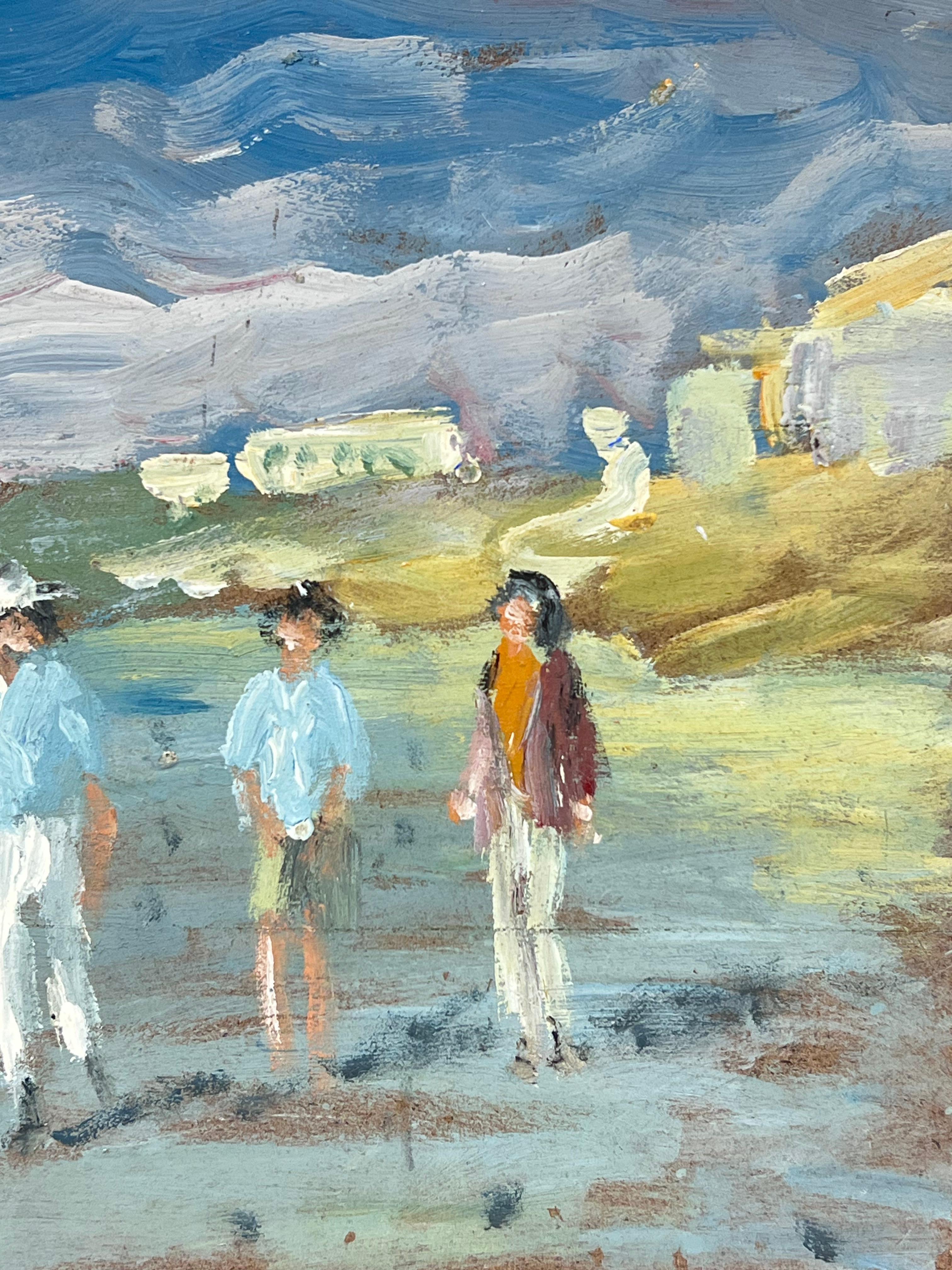 Figure che passeggiano su un litorale ventilato con un faro in lontananza Olio - Painting Impressionismo di Fanch Lel