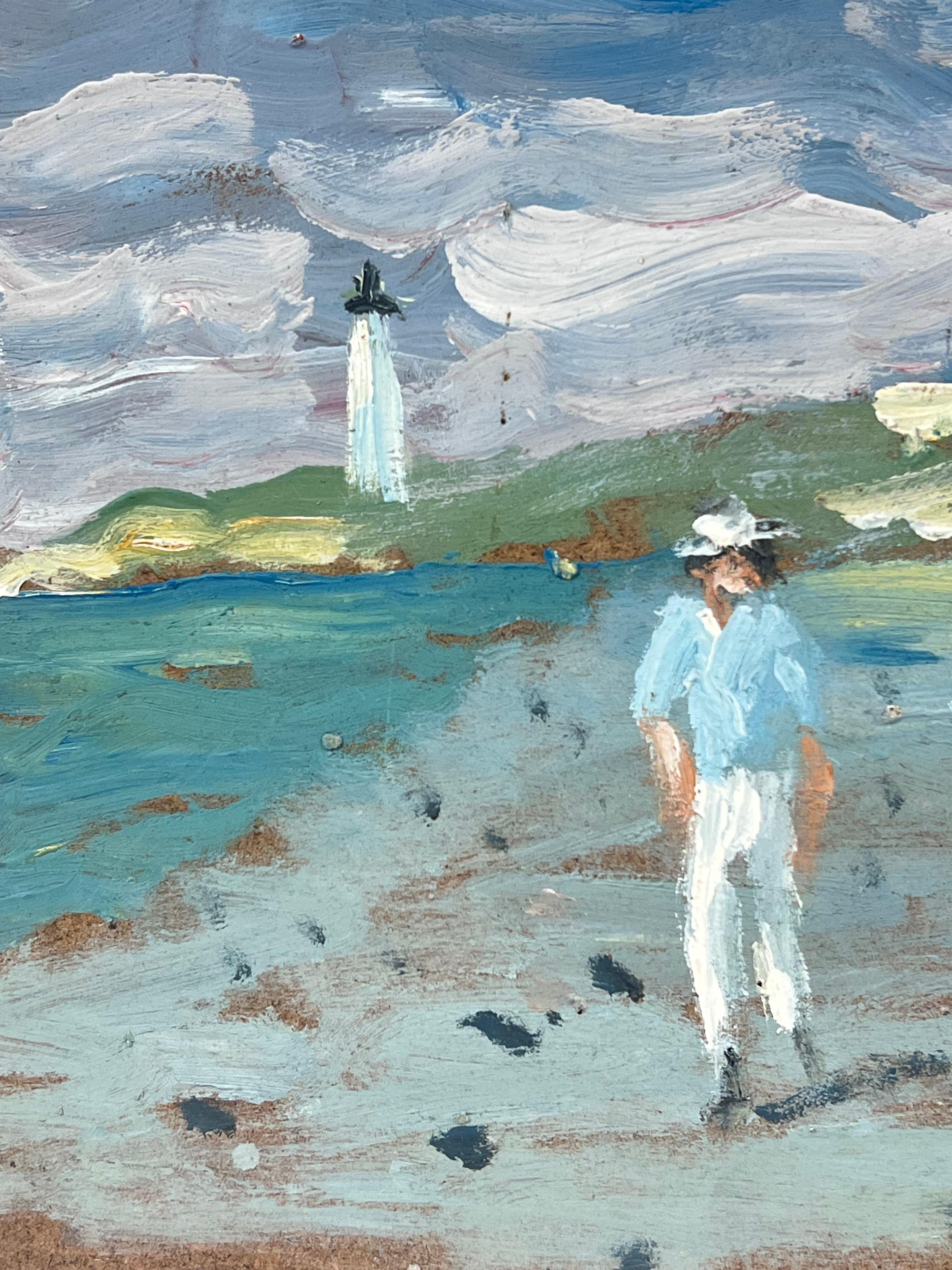 Figure che passeggiano su un litorale ventilato con un faro in lontananza Olio - Figurative Painting Grigio di Fanch Lel