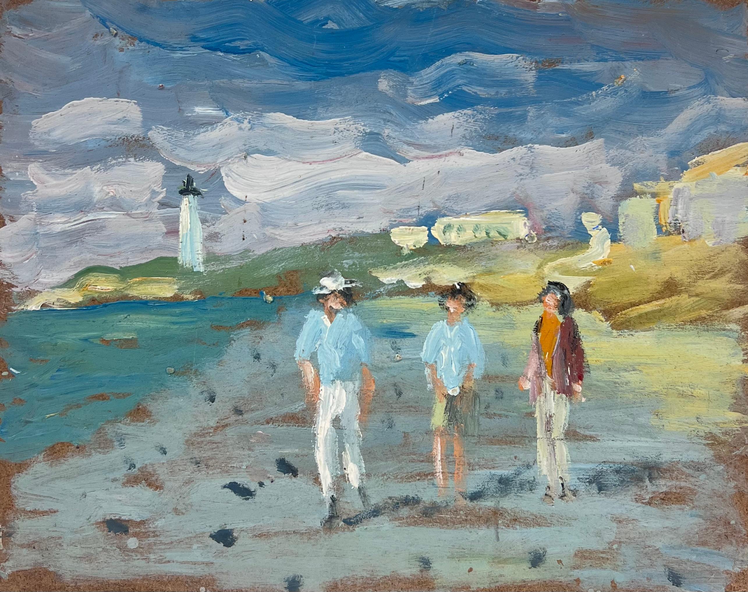Figurative Painting di Fanch Lel - Figure che passeggiano su un litorale ventilato con un faro in lontananza Olio