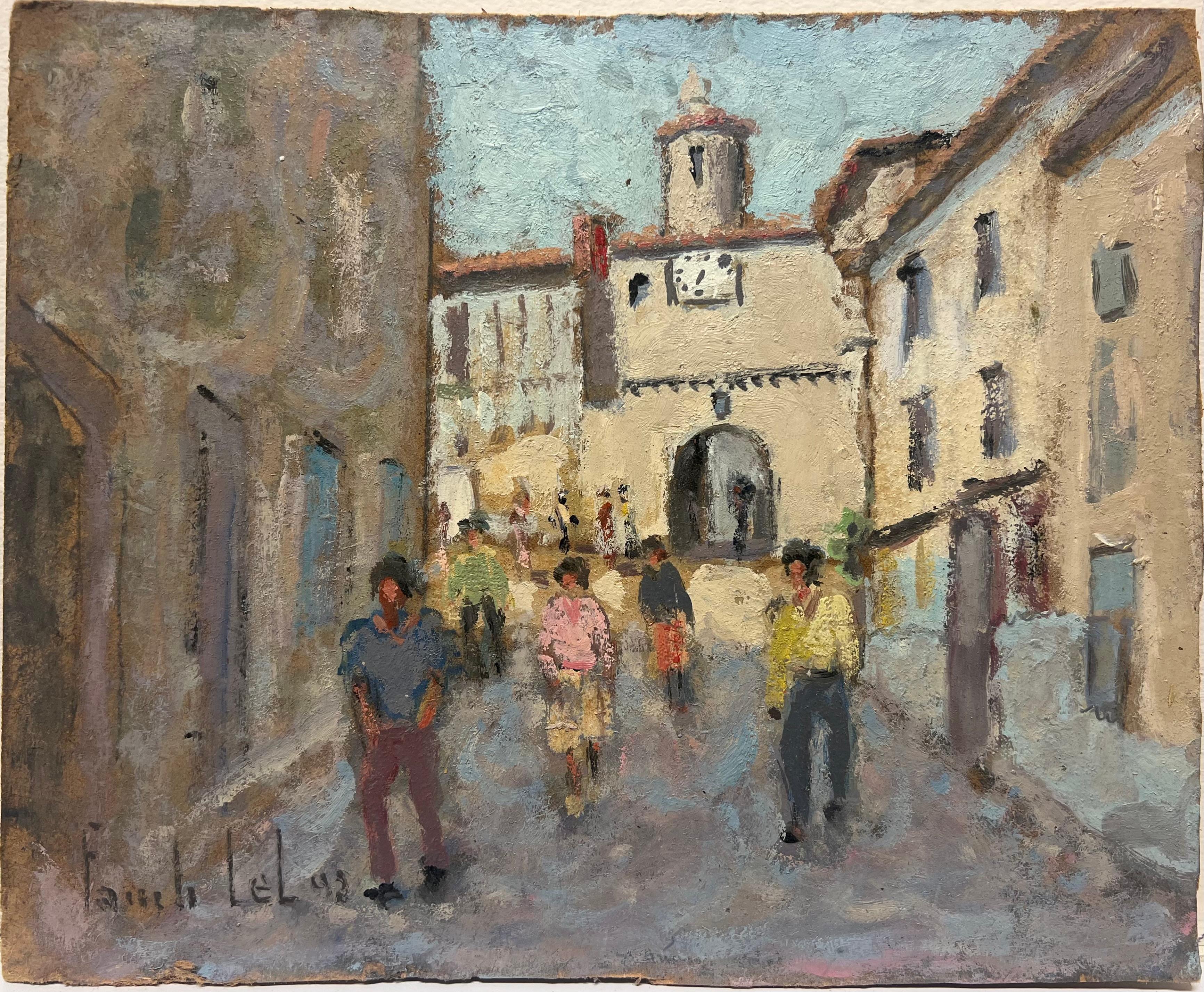 Figuras paseando por calle empedrada Camino de pueblo iluminado por el sol Óleo francés - Painting de Fanch Lel