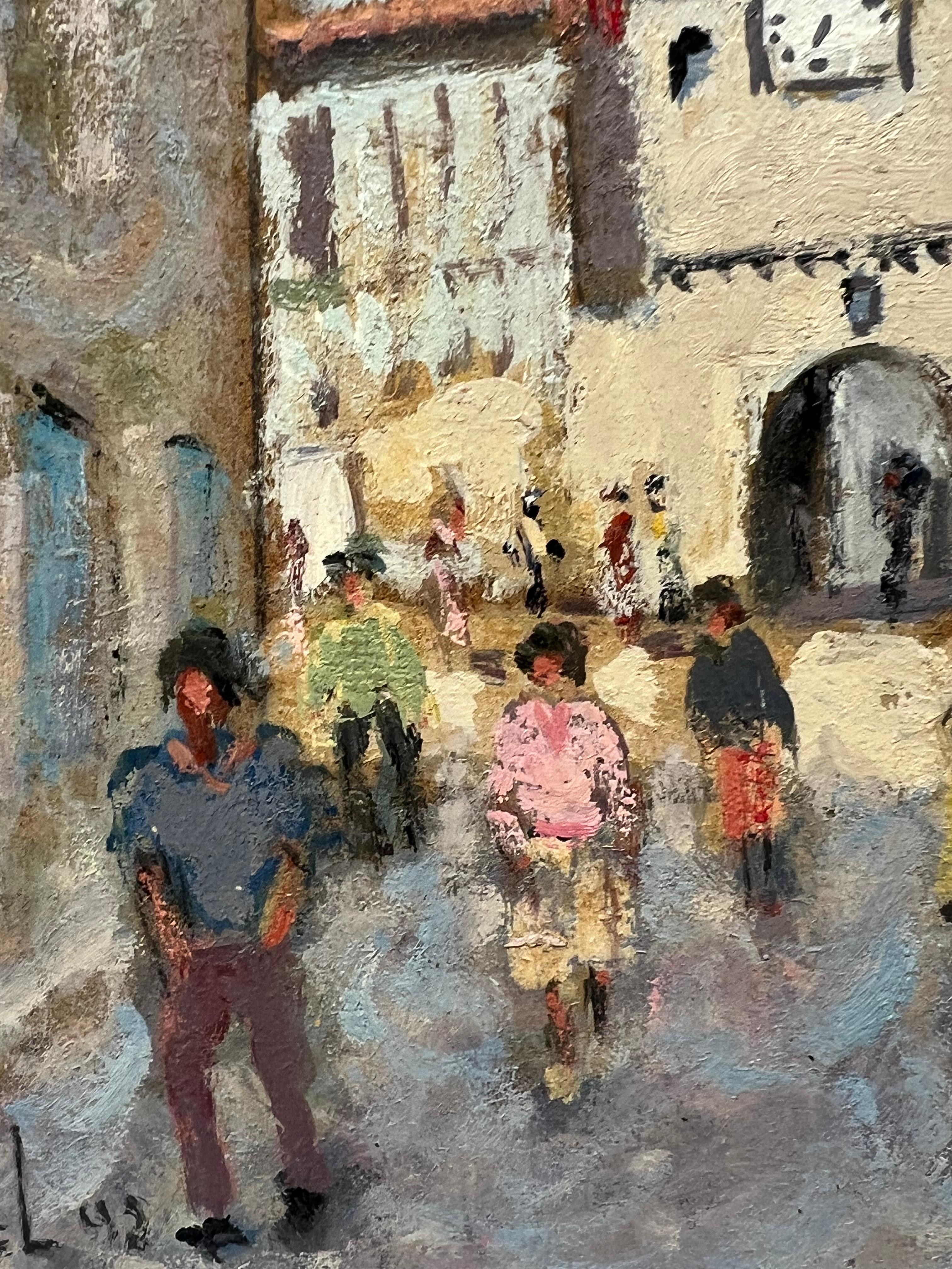 Paseo a la luz del sol
firmado por Fanch Lel (francés, 1930)
tamaño: 9 x 10,5 pulgadas
óleo sobre tabla, sin enmarcar
estado: el cuadro está en muy buen estado. Antes estaba guardado en el estudio del artista. 

Procedencia: todos los cuadros que