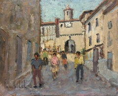 Figures Strolling through Cobbled Street Sunlit Village Path français
