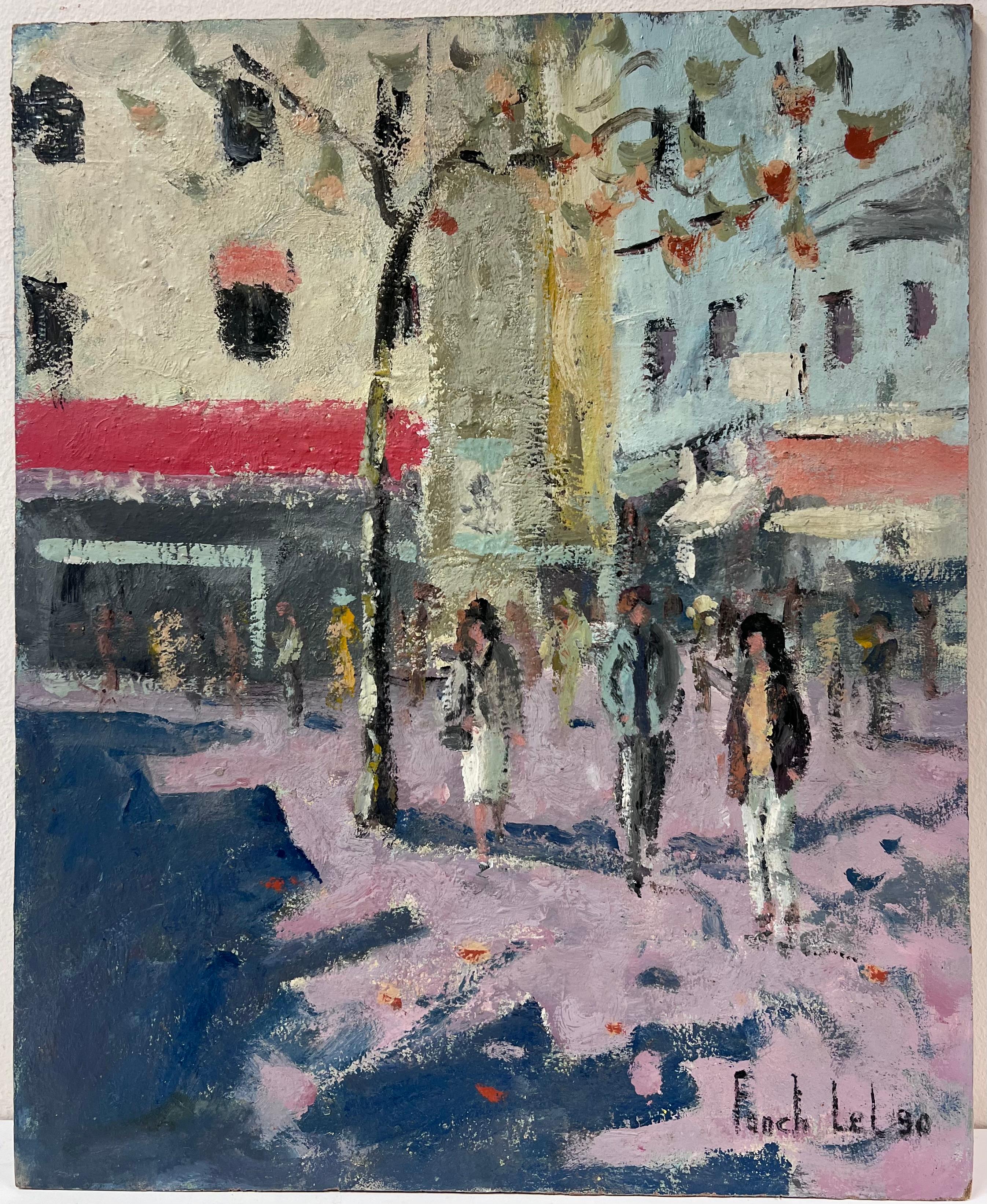Figure che passeggiano in una piazza urbana francese illuminata dal sole Pittura ad olio - Painting di Fanch Lel