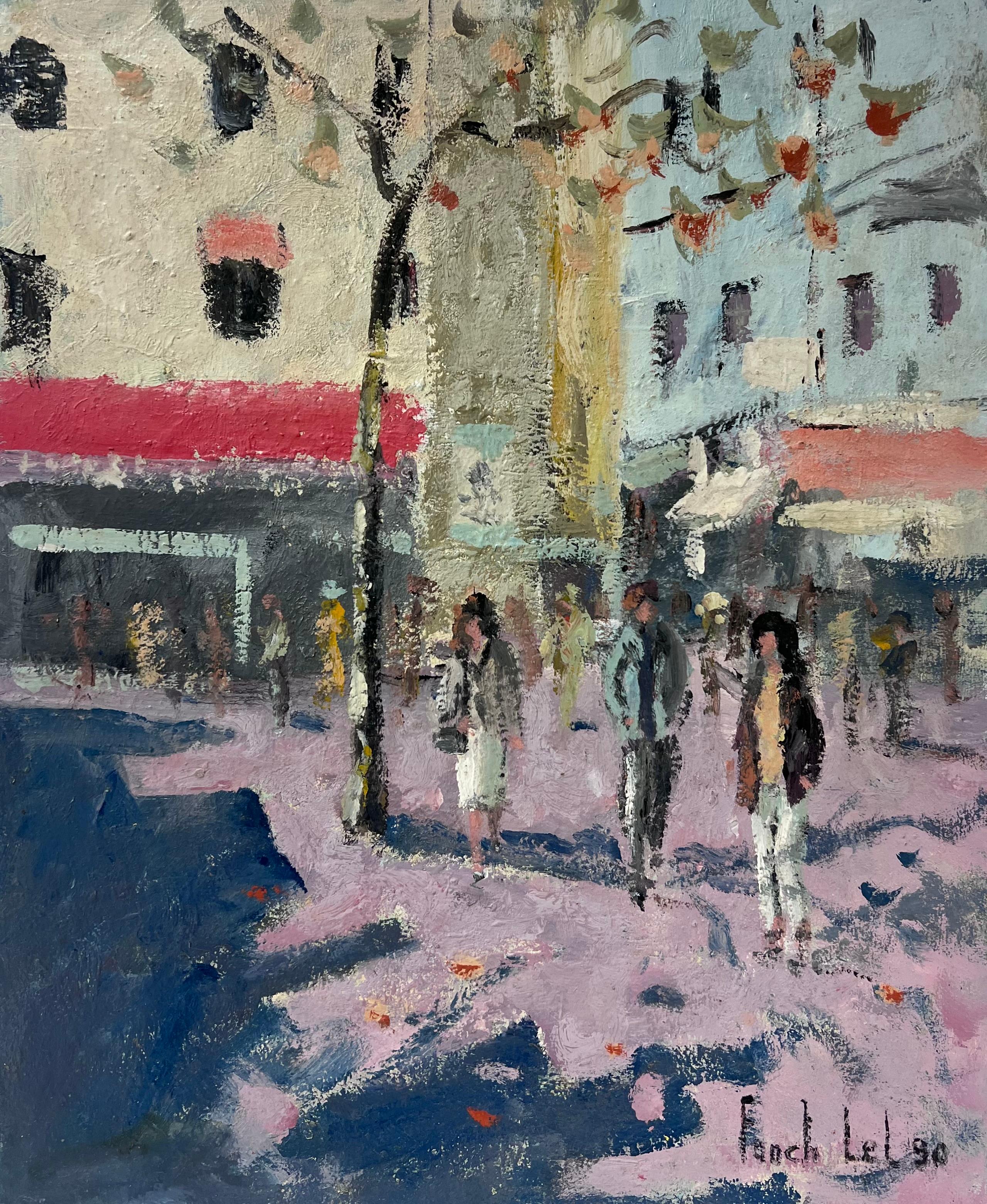 Figure che passeggiano in una piazza urbana francese illuminata dal sole Pittura ad olio 1