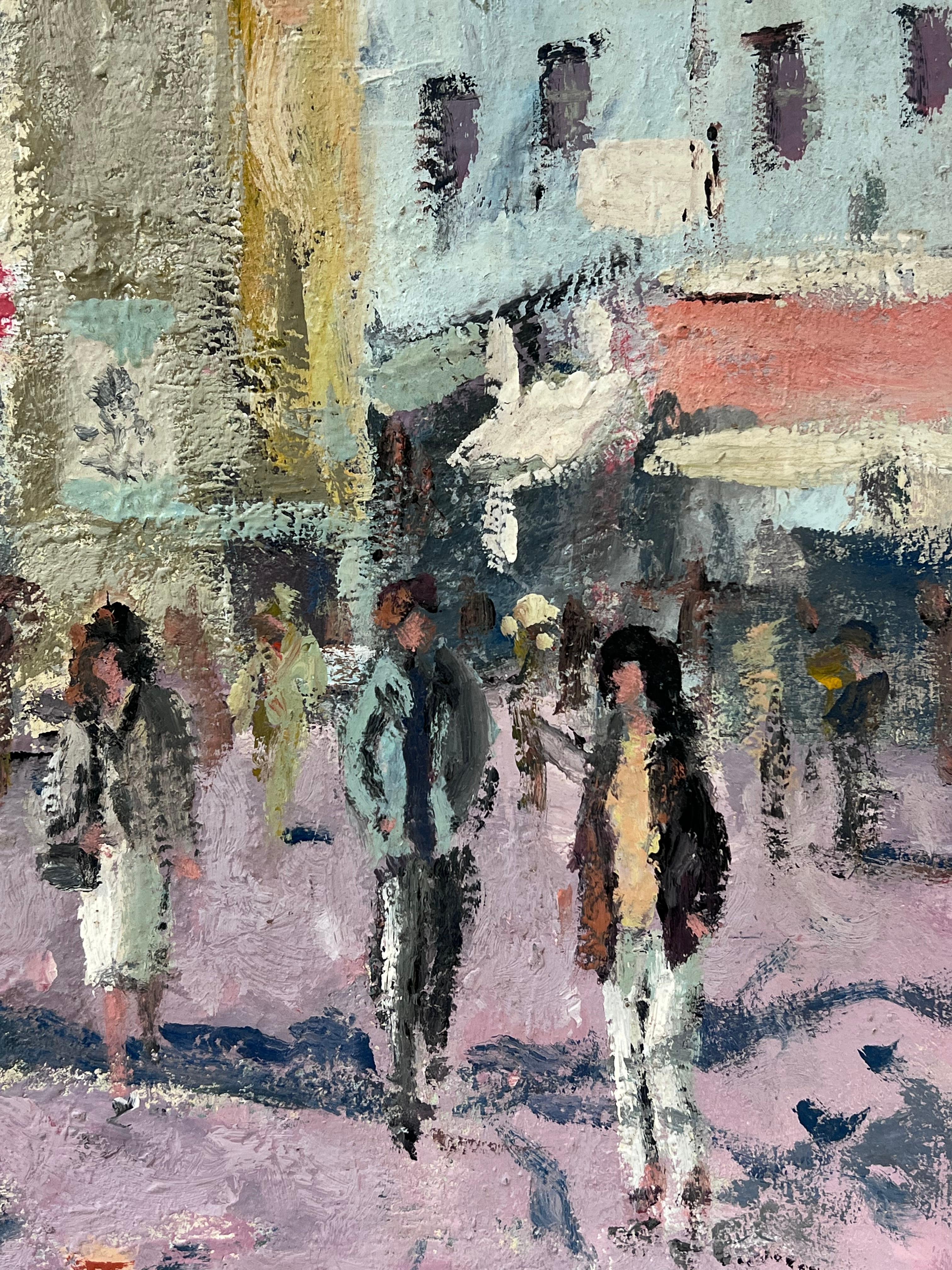 Figure che passeggiano in una piazza urbana francese illuminata dal sole Pittura ad olio 3