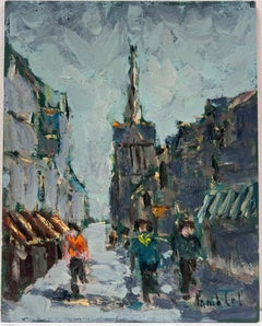 Figure che camminano sotto una guglia torreggiante in un paesaggio urbano francese grigio e caratteristico Olio