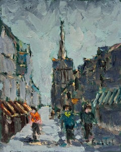 Figuras caminando bajo una aguja en un pintoresco paisaje urbano francés Gris Óleo
