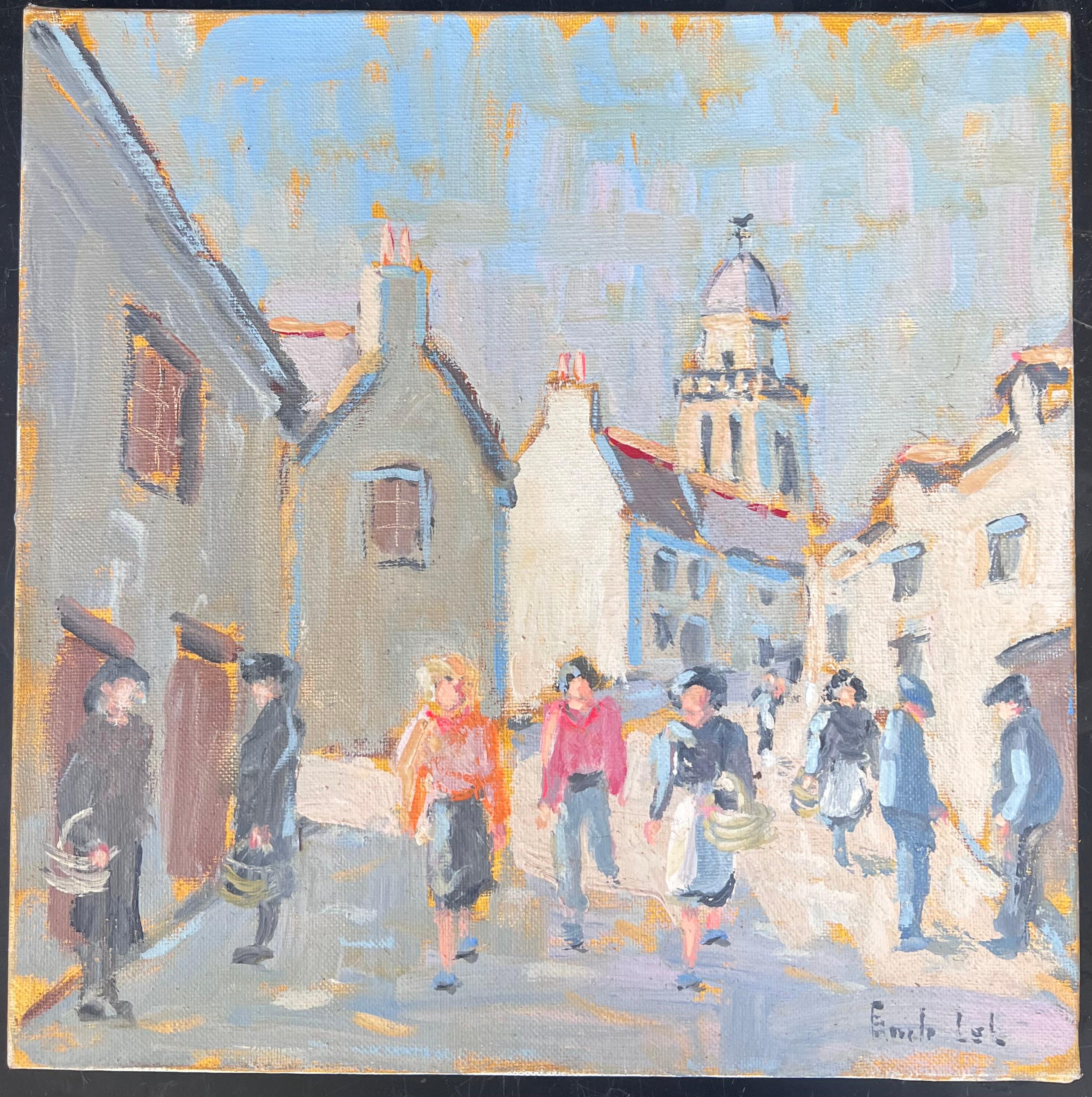 Figures Walking Through A Bright Summer French Street French Oil Painting - Gray Landscape Painting by Fanch Lel