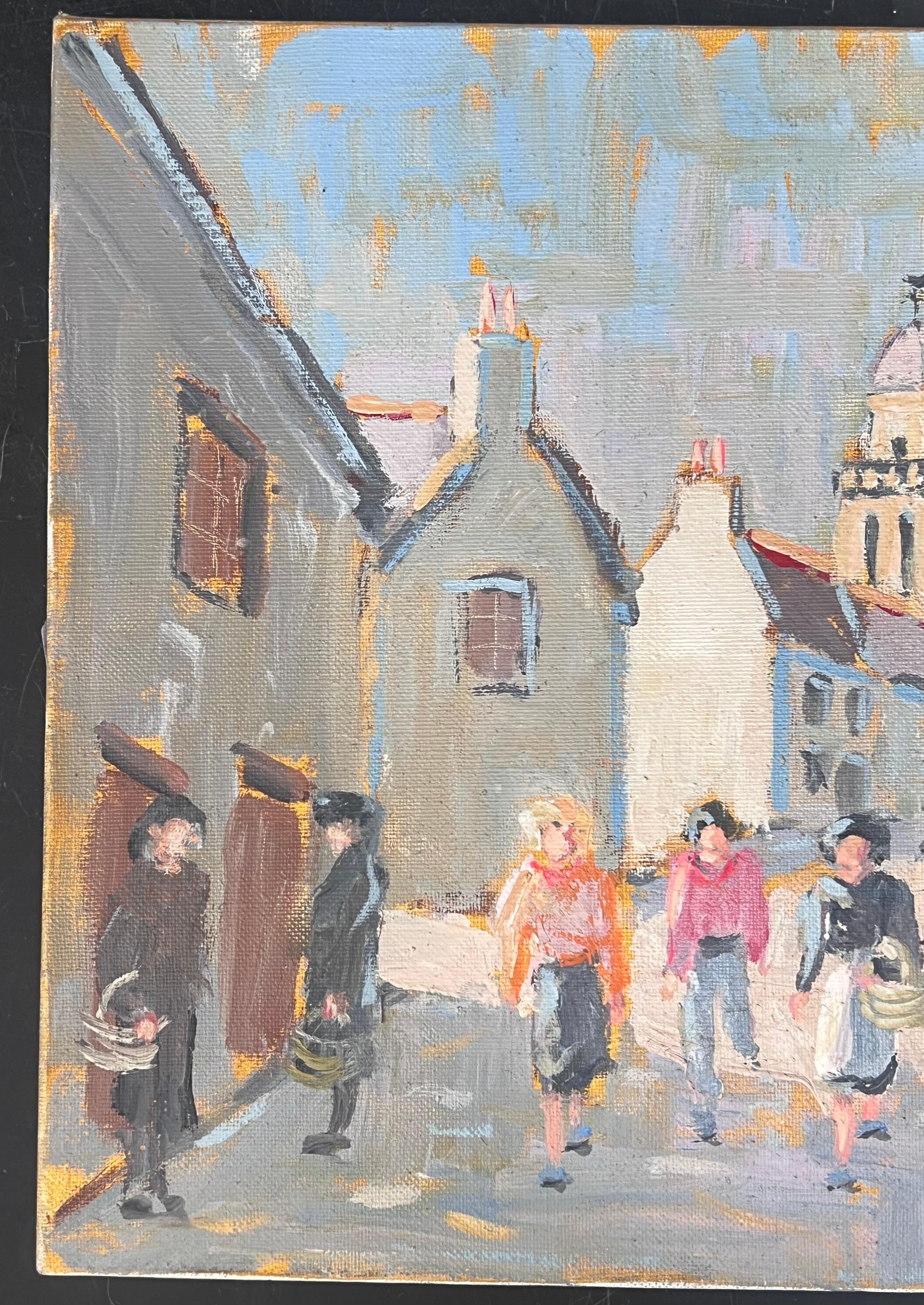 Figures Walking Through Bright Street
Signed by Fanch Lel
Size: 12 x 12 inches (height x width)
Oil painting on canvas, unframed
Inscribed verso
Condition: Good condition overall with minor surface handling marks and light wear to edges, consistent