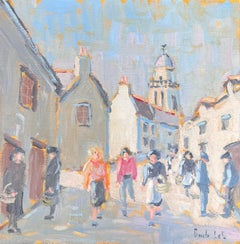 Figures Walking Through A Bright Summer French Street French Oil Painting