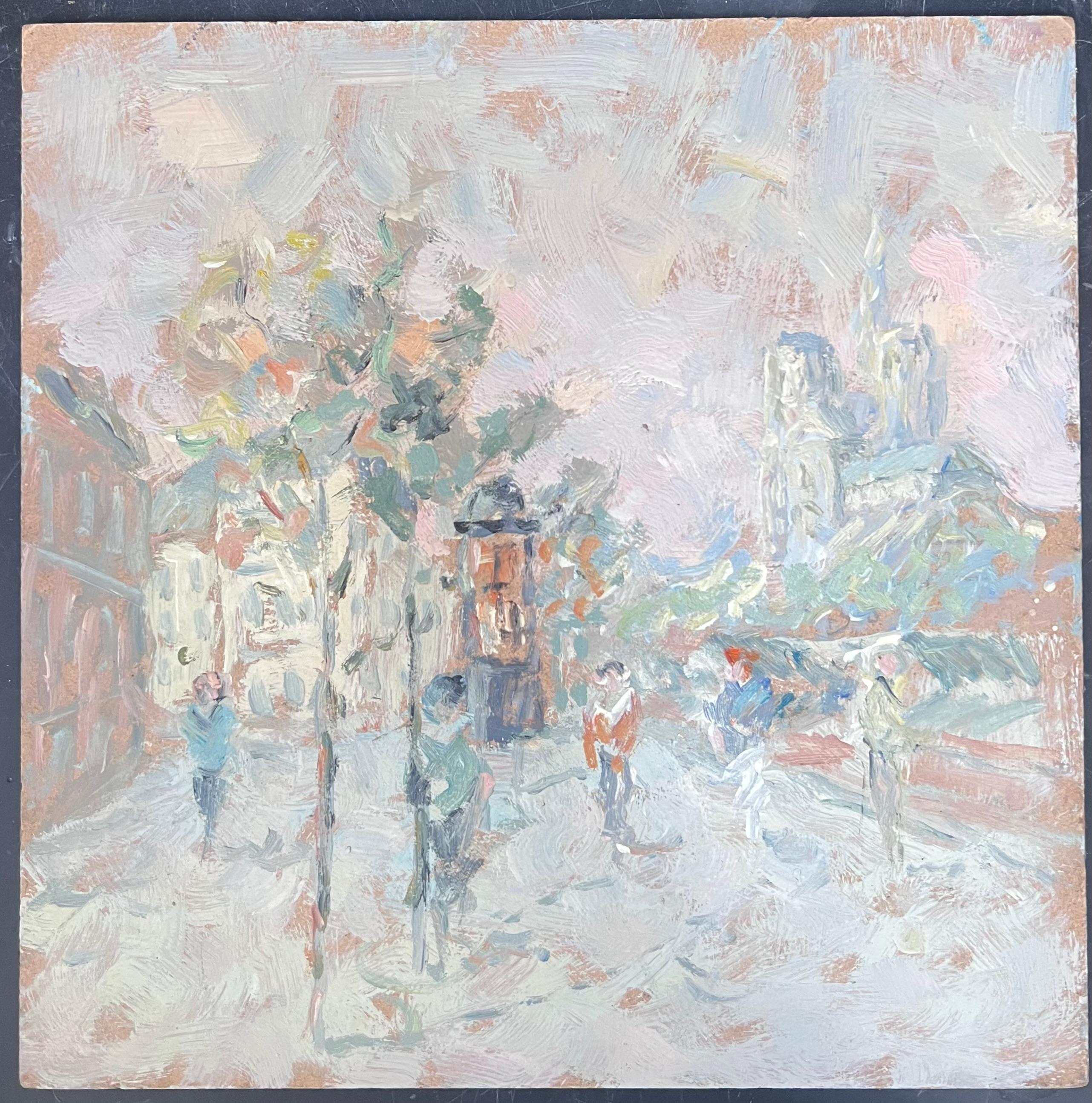 Figures Walking Through A Pastel Colour Town French Oil Painting - Gray Figurative Painting by Fanch Lel