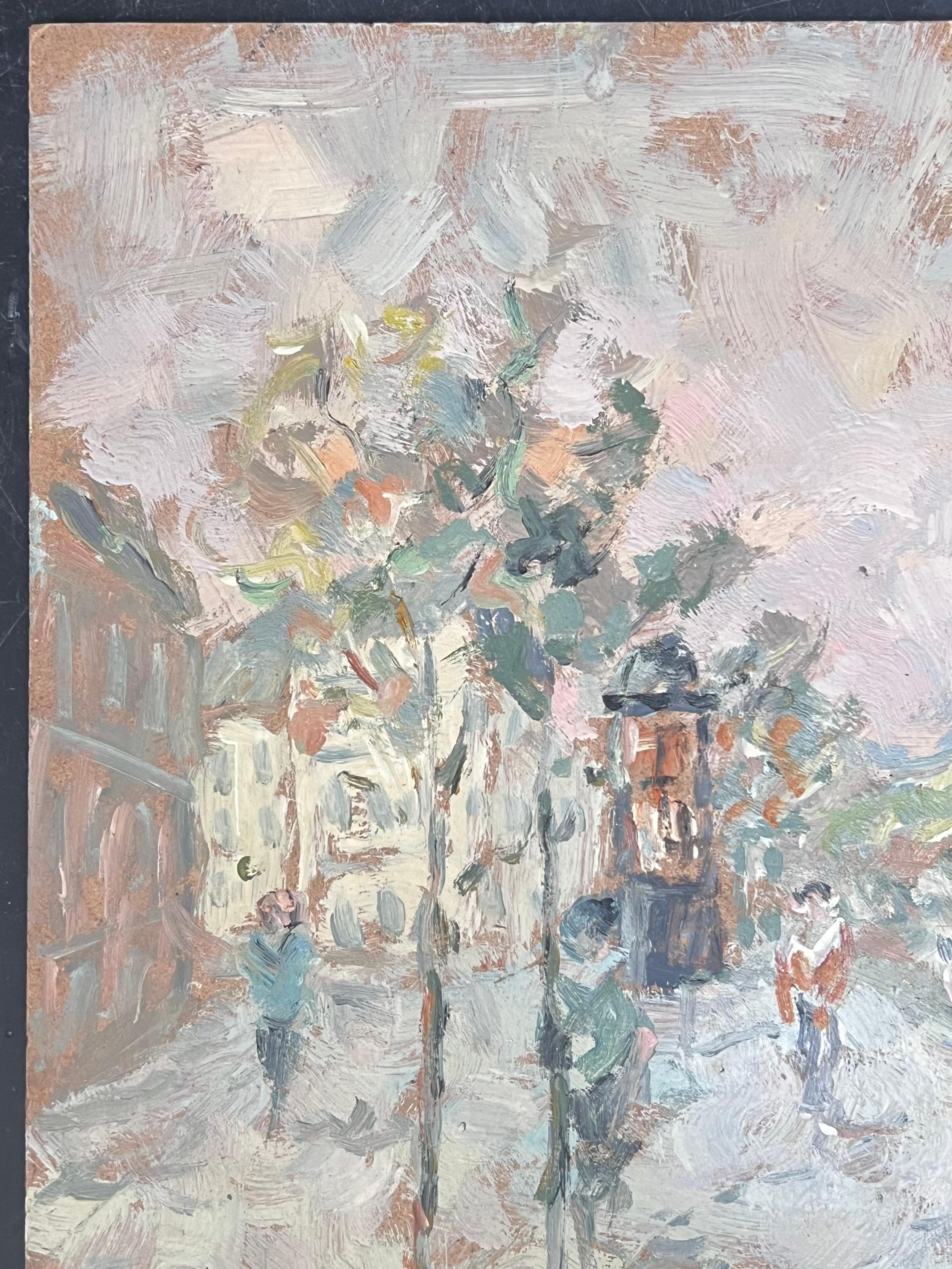 Figures Walking Through A Pastel Colour Town French Oil Painting For Sale 1