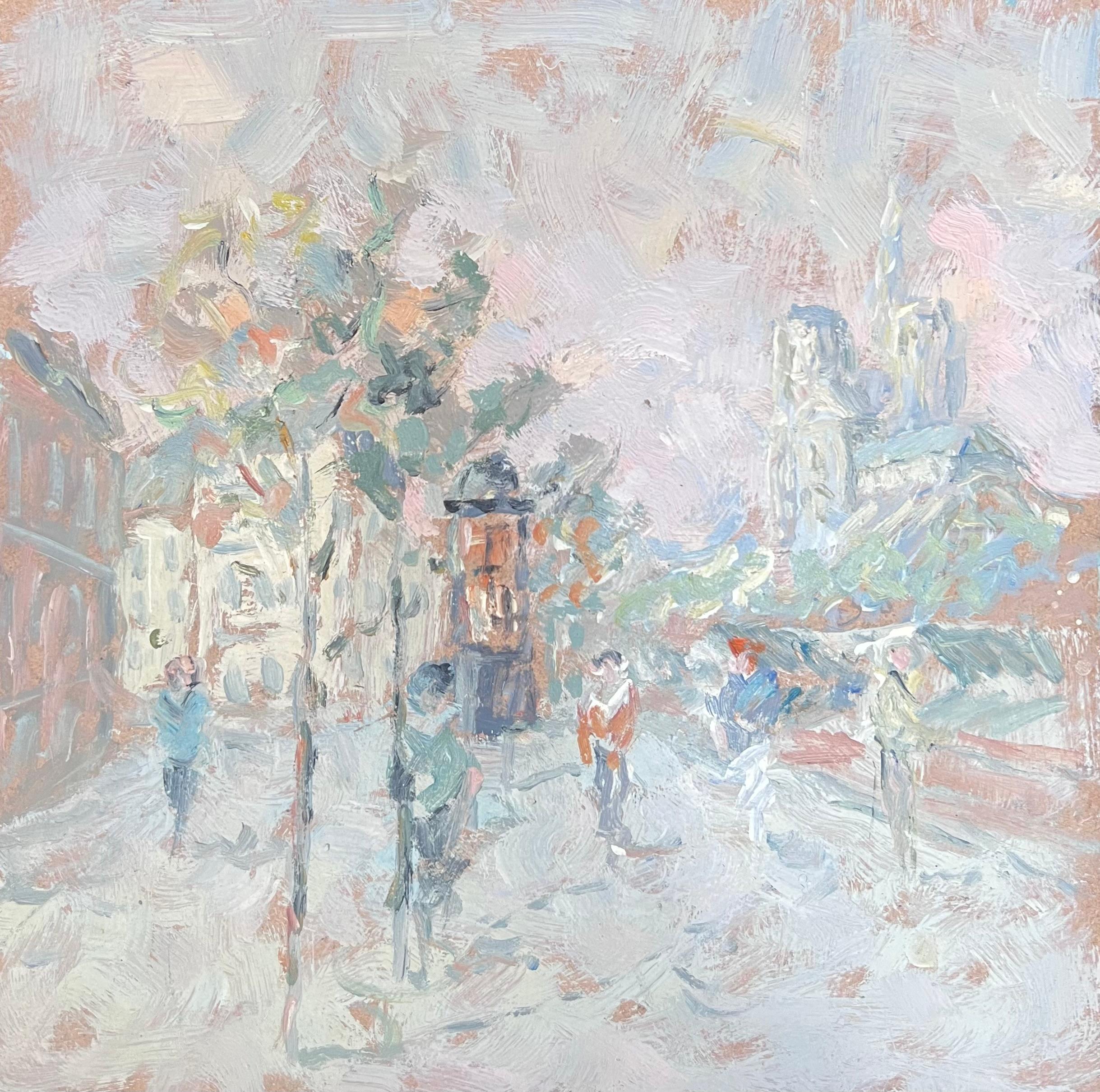 Figures Walking Through A Pastel Colour Town French Oil Painting For Sale 2