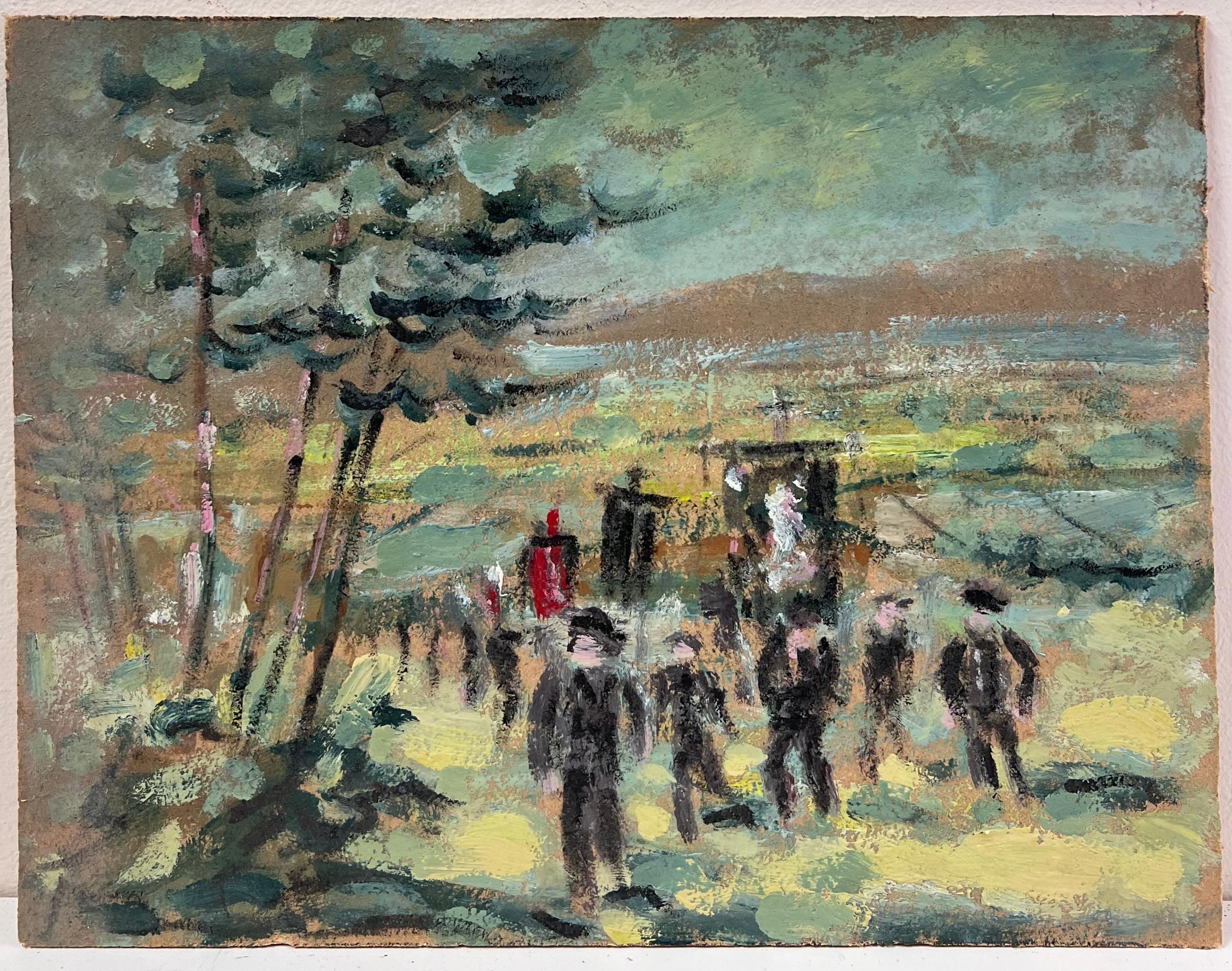 Figures marchant à travers le défilé dans le village français Greene & Greene Peinture à l'huile - Painting de Fanch Lel