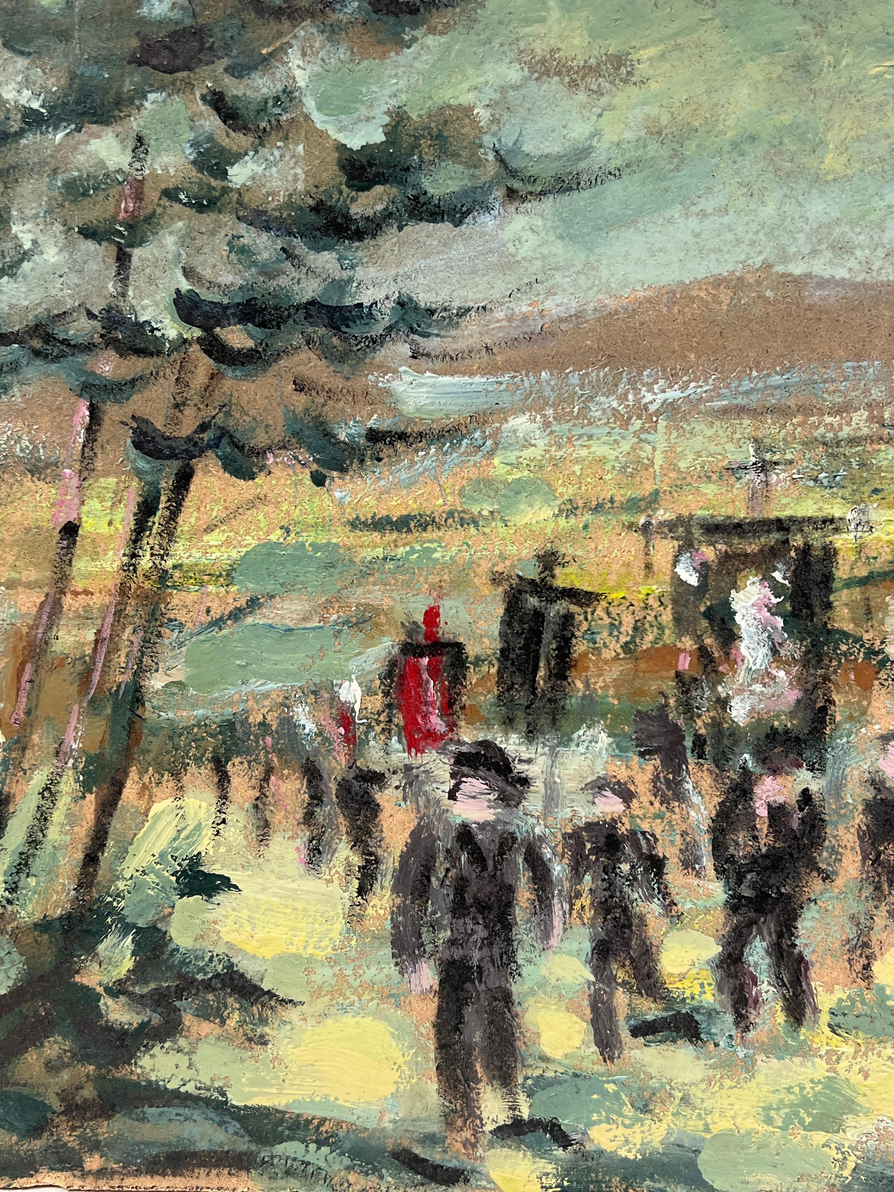 Figures marchant à travers le défilé dans le village français Greene & Greene Peinture à l'huile en vente 2